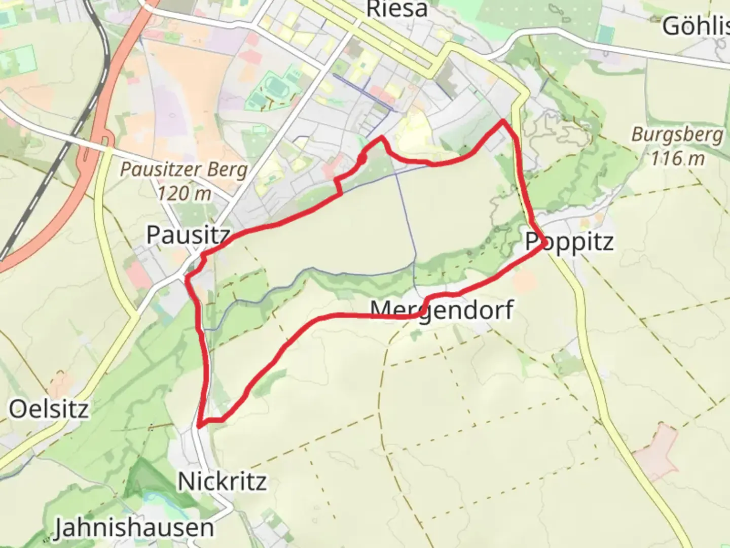 An image depicting the trail Pausitz and Mergendorf Loop and its surrounding area.