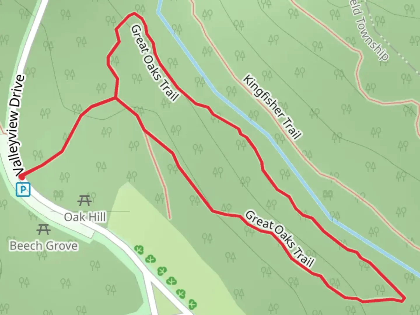 An image depicting the trail Great Oaks Loop Trail and its surrounding area.