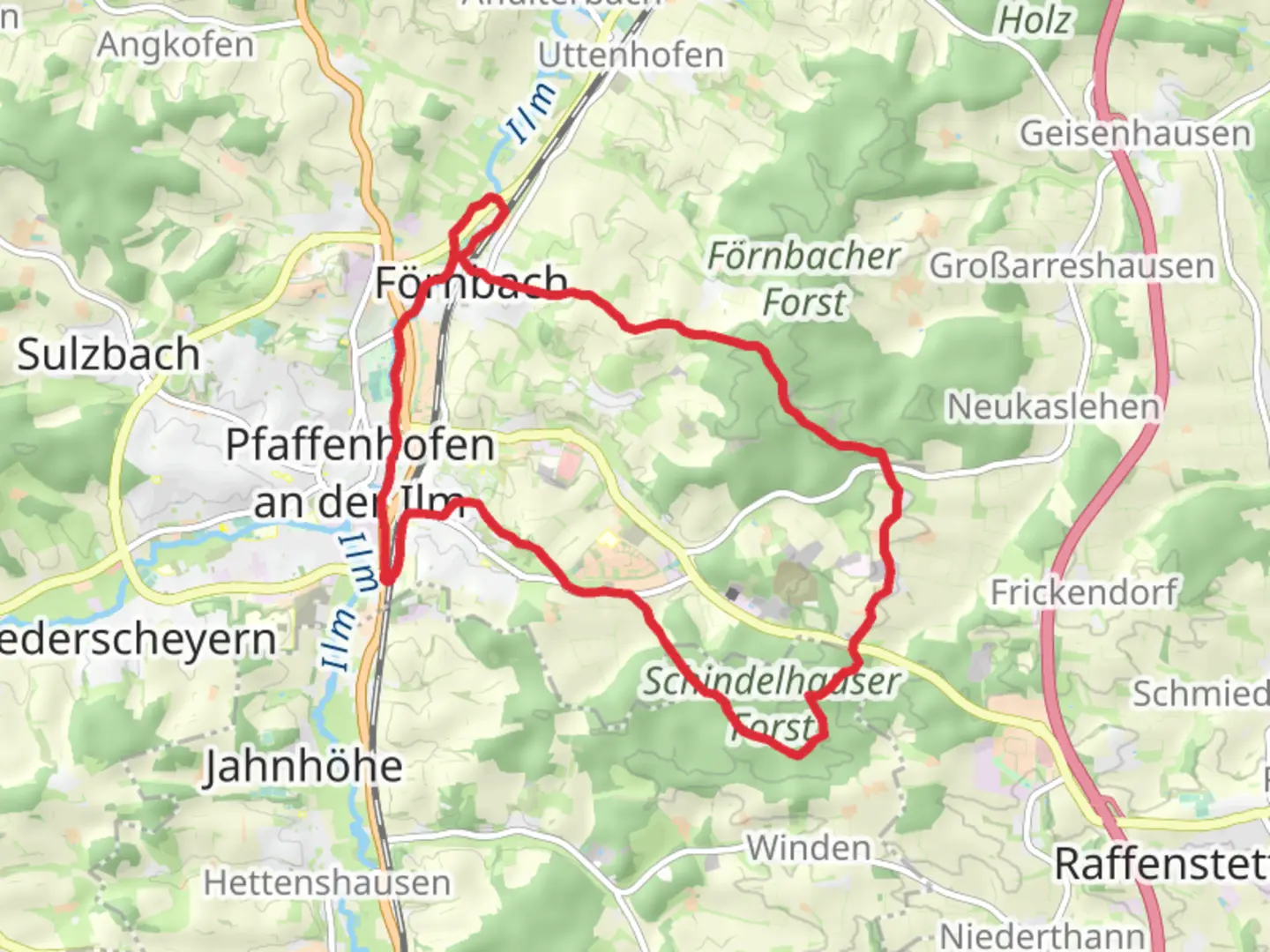 An image depicting the trail Pfaffenhofen Loop via Schindelhauser Forst and its surrounding area.