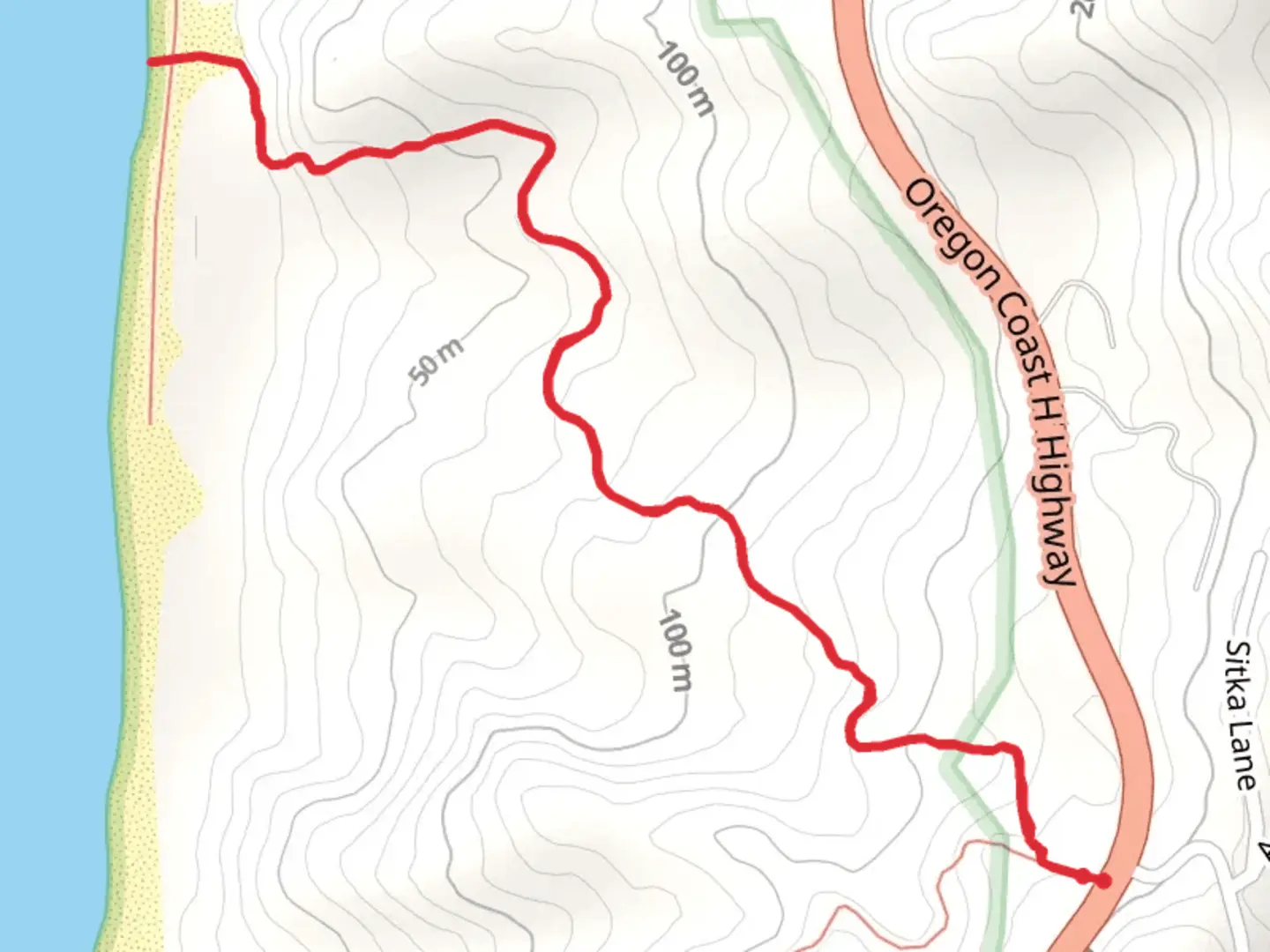 An image depicting the trail Oregon Coast Road walk to the Beach Out and Back and its surrounding area.