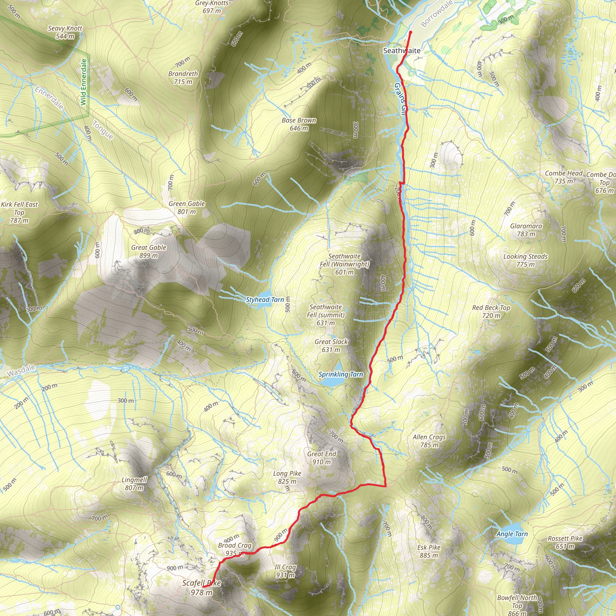Scafell Pike from Seathwaite mobile static map