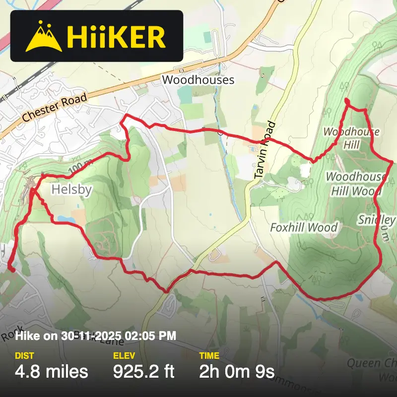 A map preview of the recording Hike on 30-11-2025 02:05 PM.