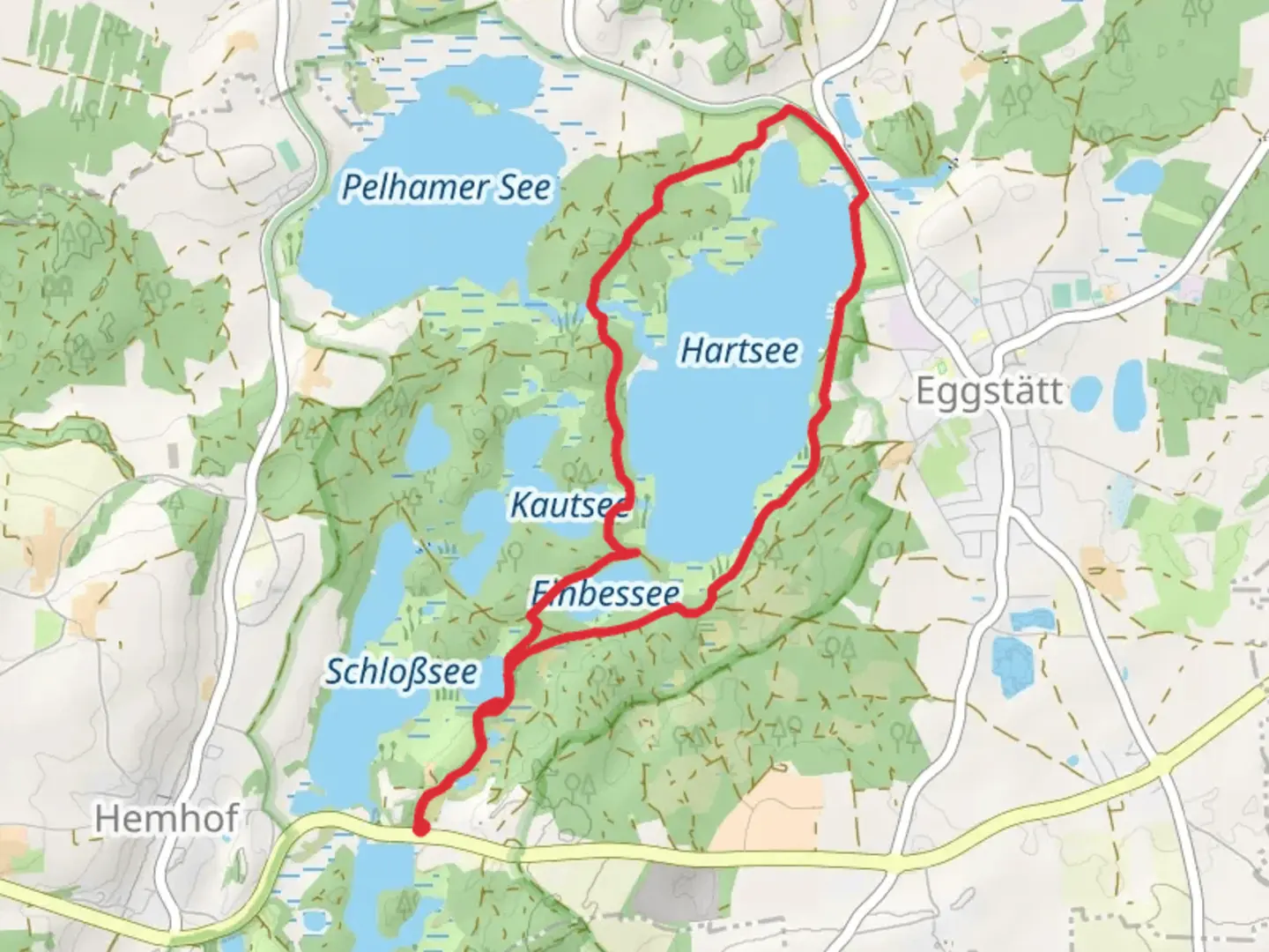 An image depicting the trail Kesselsee and Hartsee via Hartsee Rundweg and its surrounding area.