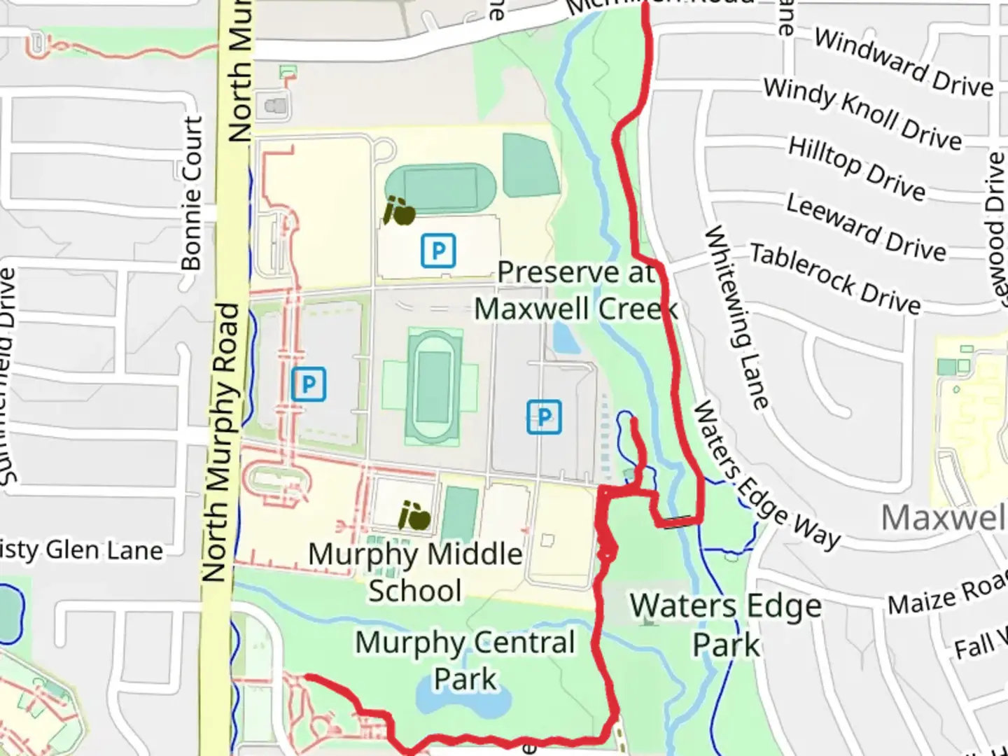 An image depicting the trail Murphy Central Park and Preserve at Maxwell Creek Walk and its surrounding area.