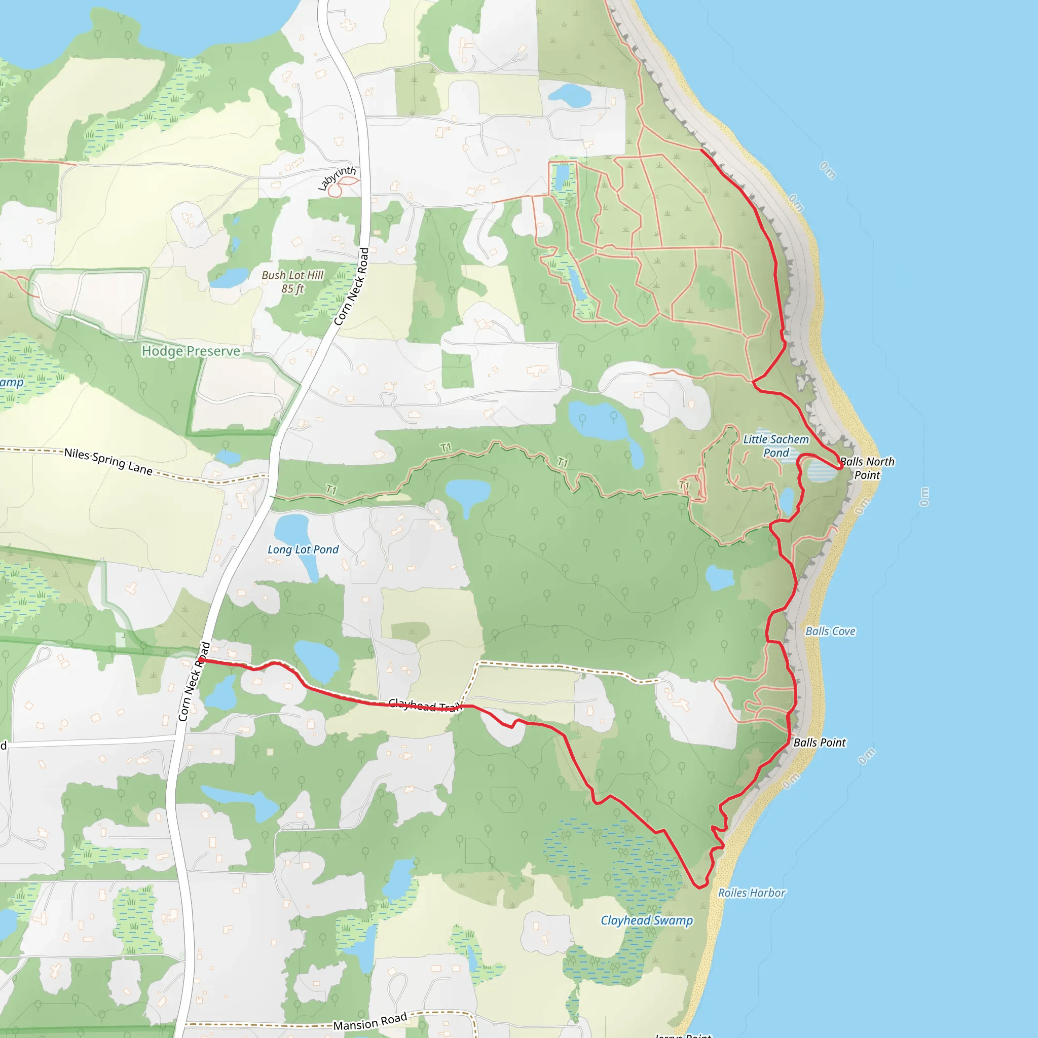 Little Sachem Pond, Balls Cove and Roiles Harbor via Clayhead Trail mobile static map