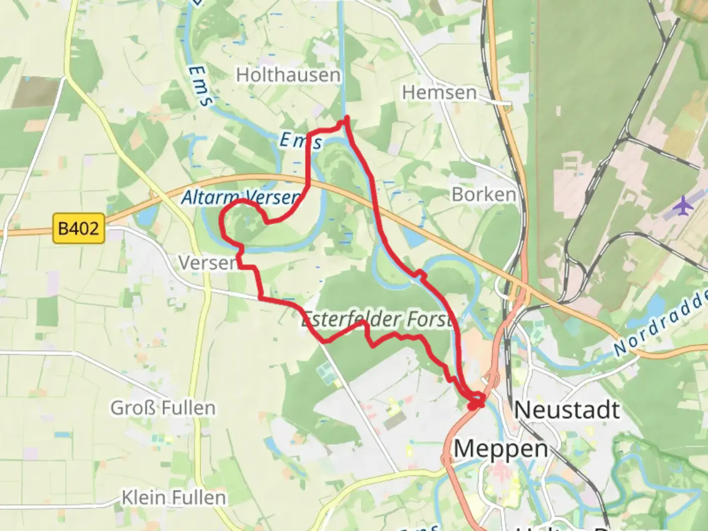 An image depicting the trail Dortmund Ems Kanal via Emsweg and its surrounding area.