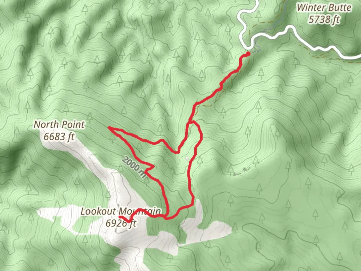 An image depicting the trail Lookout Mountain Trail and Mother Lode Mine Trail Loop and its surrounding area.
