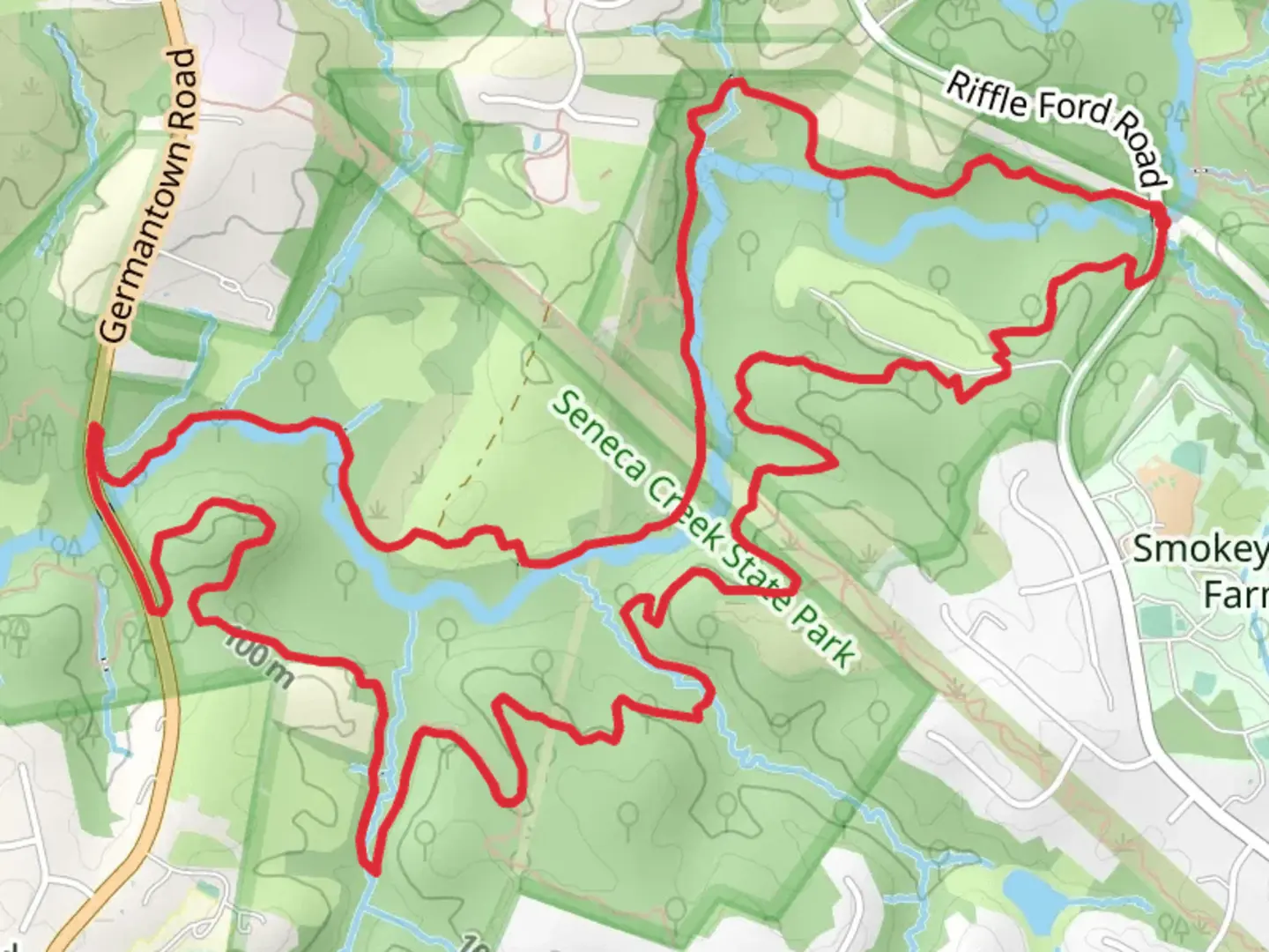 An image depicting the trail Seneca Ridge Trail and Seneca Greenway Loop Trail and its surrounding area.