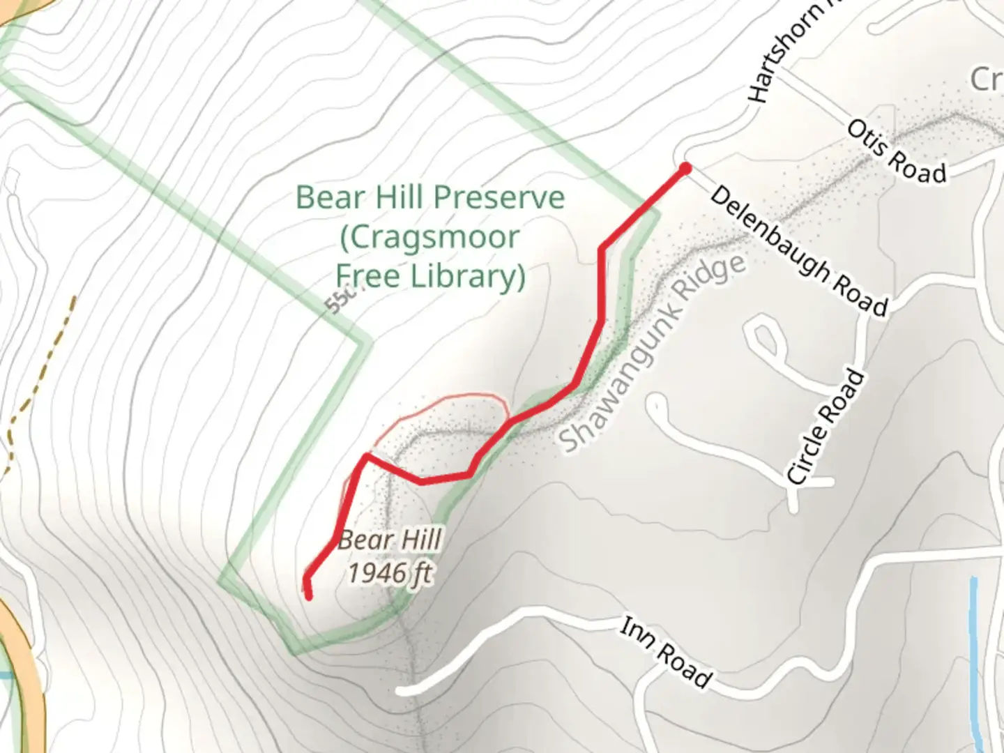 An image depicting the trail Bear Hill Trail via Dellan Baugh Road and its surrounding area.