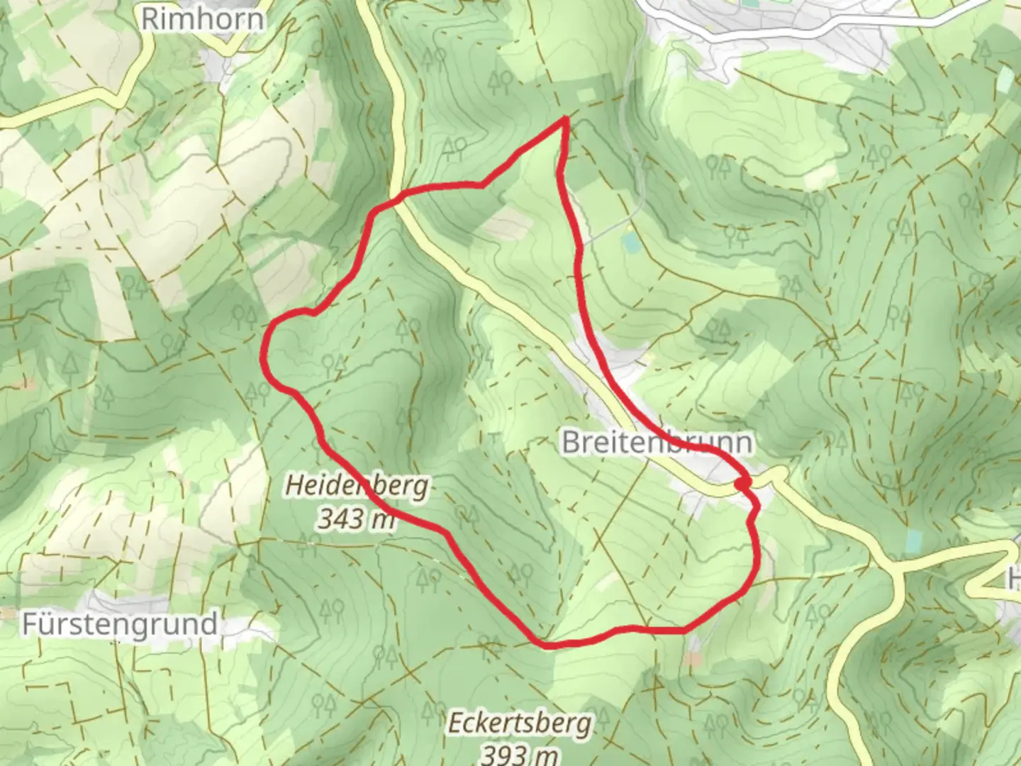 An image depicting the trail Breitenbach Weg and Eulbacher Strasse and its surrounding area.