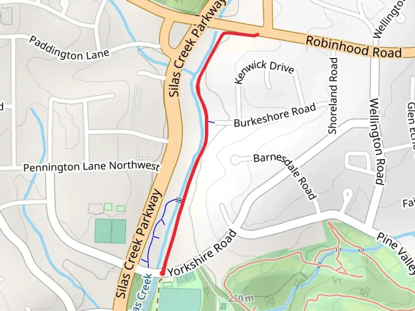 An image depicting the trail Silas Creek Greenway - Shaffner Park and its surrounding area.