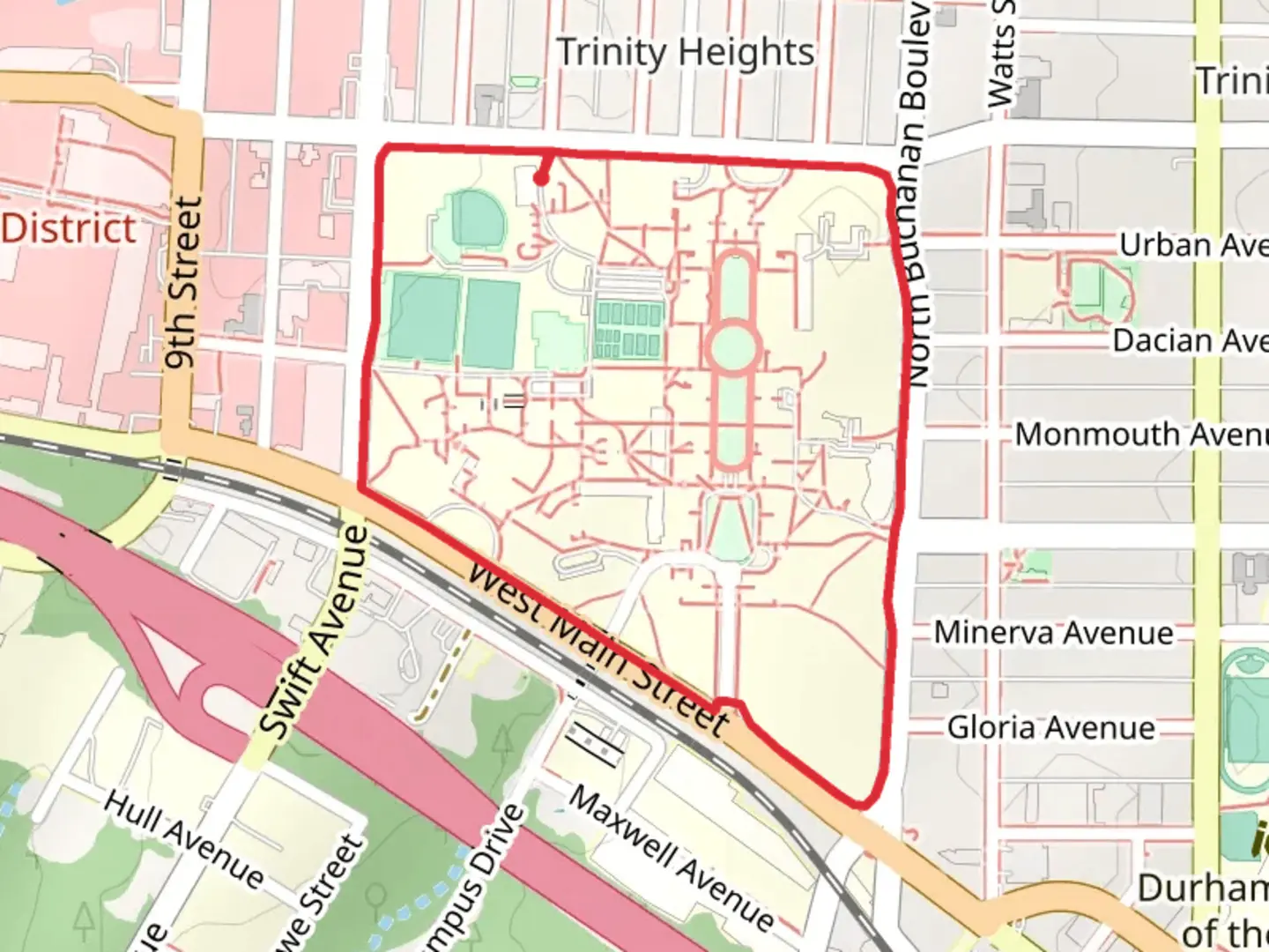 An image depicting the trail East Campus Perimeter Path and its surrounding area.