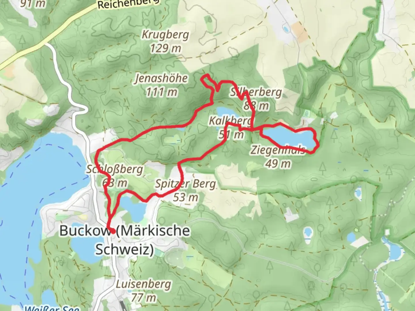 An image depicting the trail Griepensee and Großer Tornowsee via Gelber Balken and its surrounding area.
