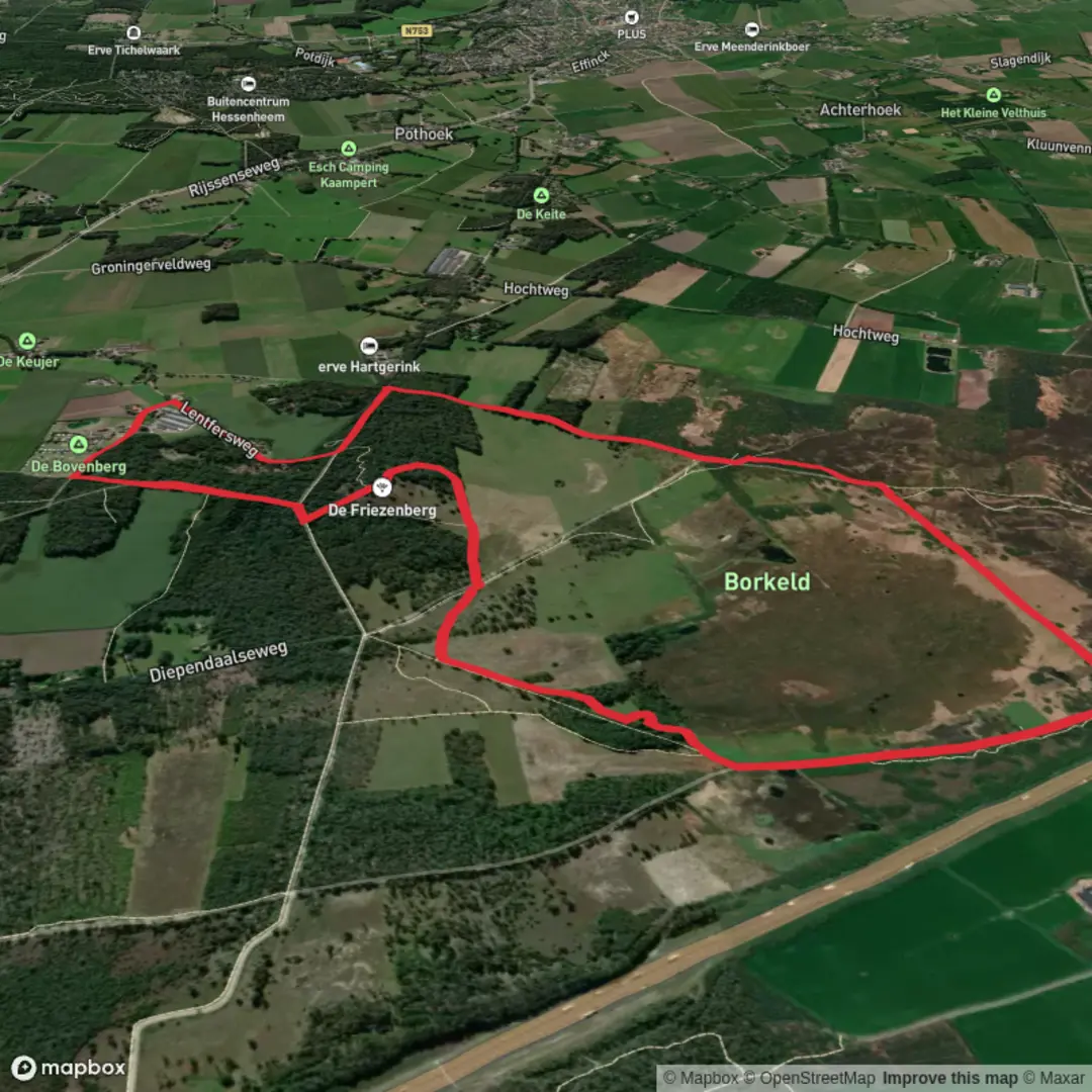 An image depicting the trail Bovenberg Gele and Bovenberg Paarse Loop Route and its surrounding area.