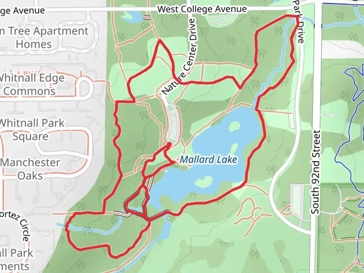 An image depicting the trail Mallard Lake and Whitnall Park Loop and its surrounding area.