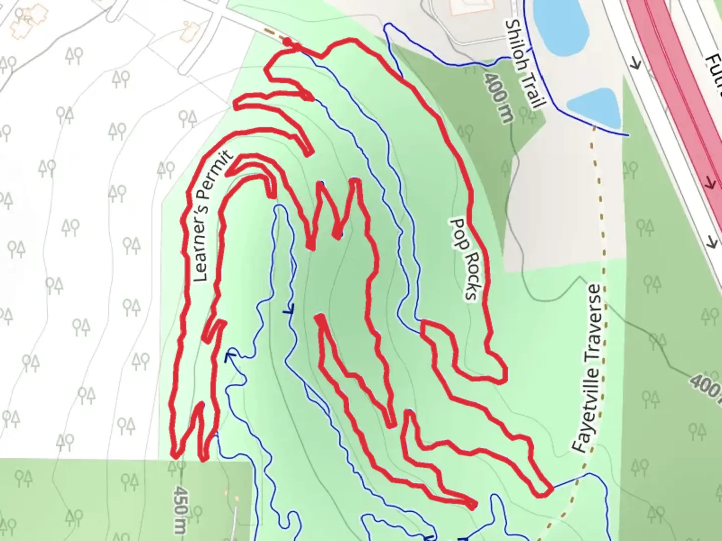An image depicting the trail Learner's Permit and Pop Rocks Loop and its surrounding area.