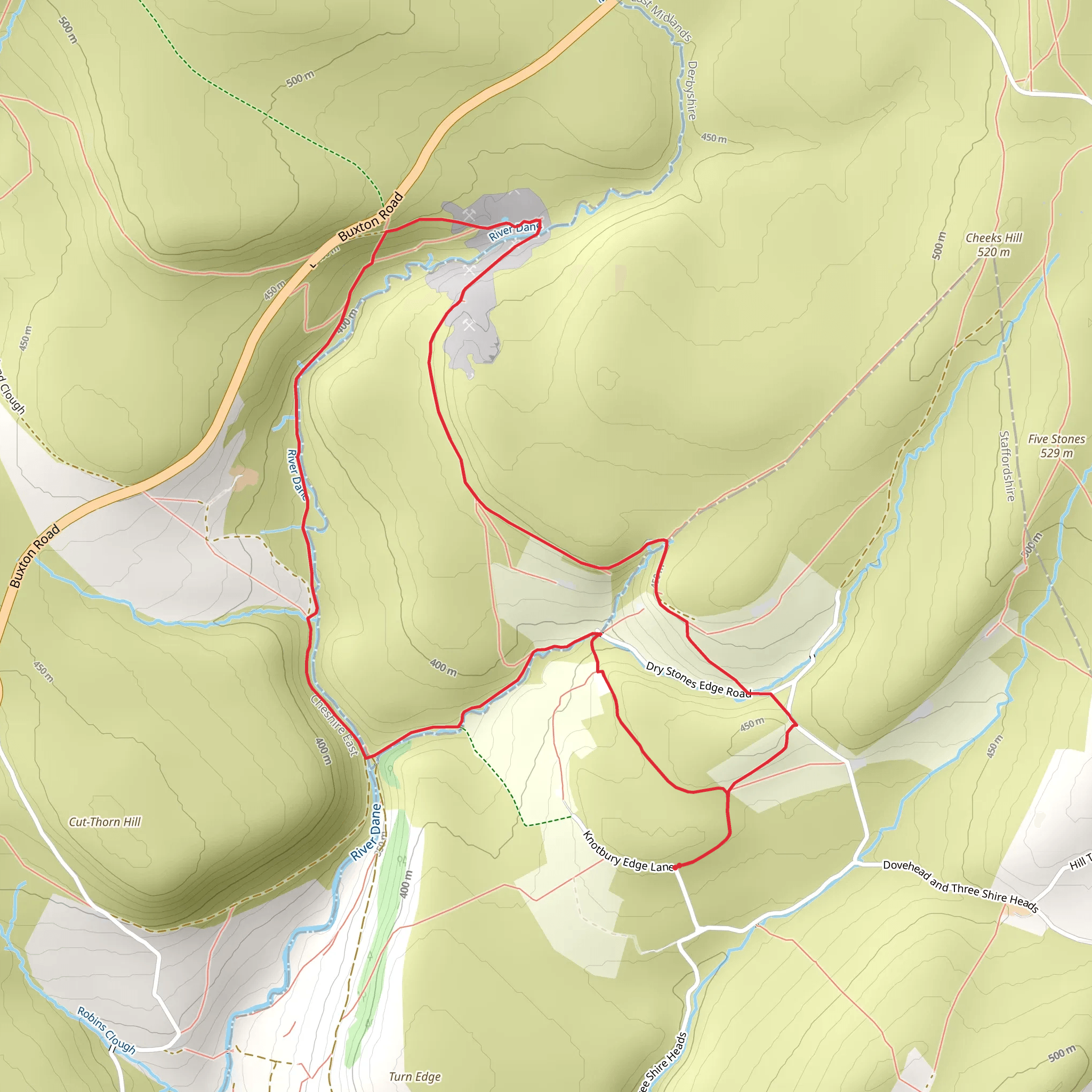 Knotbury Common - Three Shires Head and Dane Valley Way mobile static map