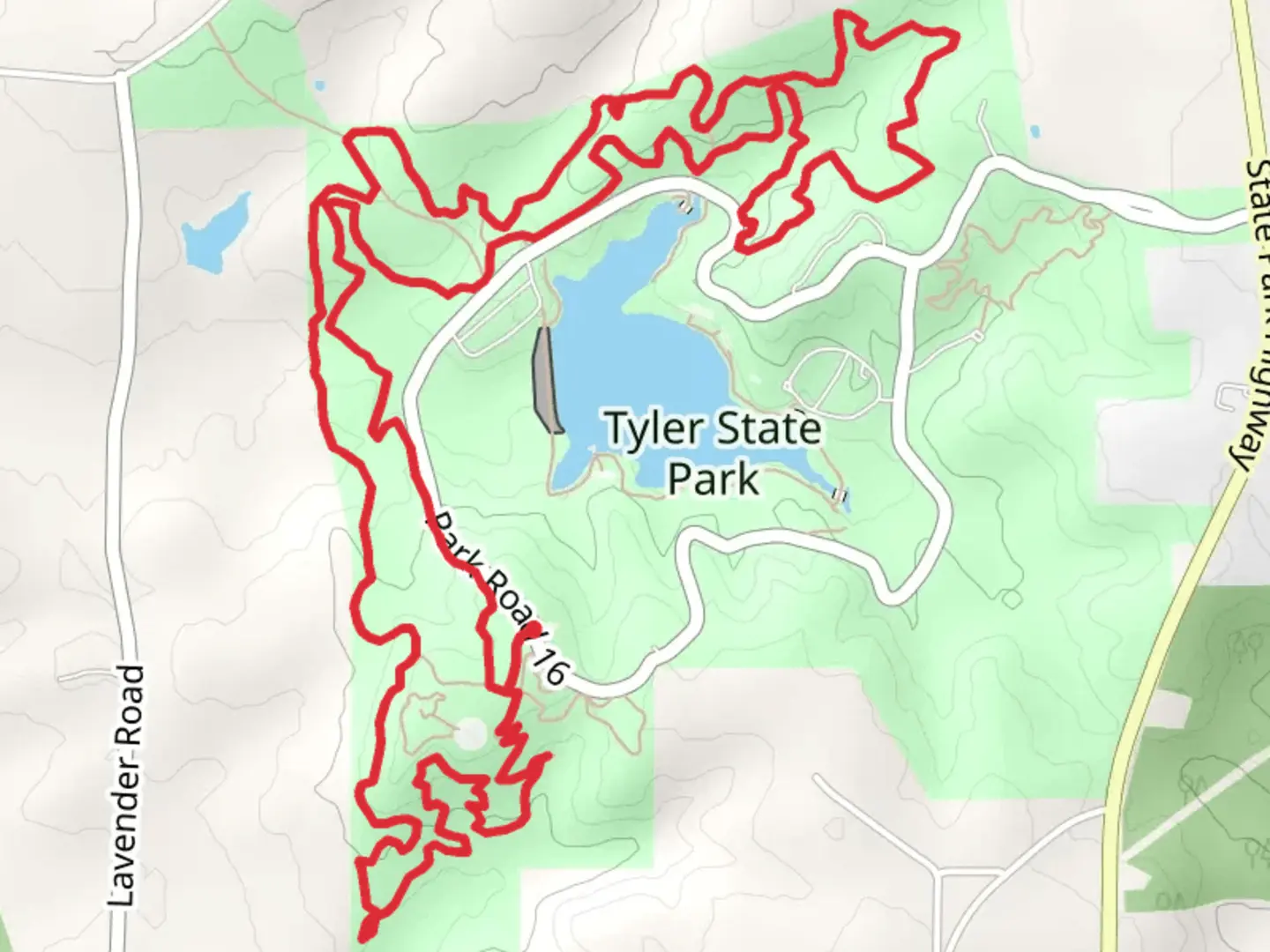 An image depicting the trail A, B, C and D Loop Trail from Tyler State Park Lake and its surrounding area.