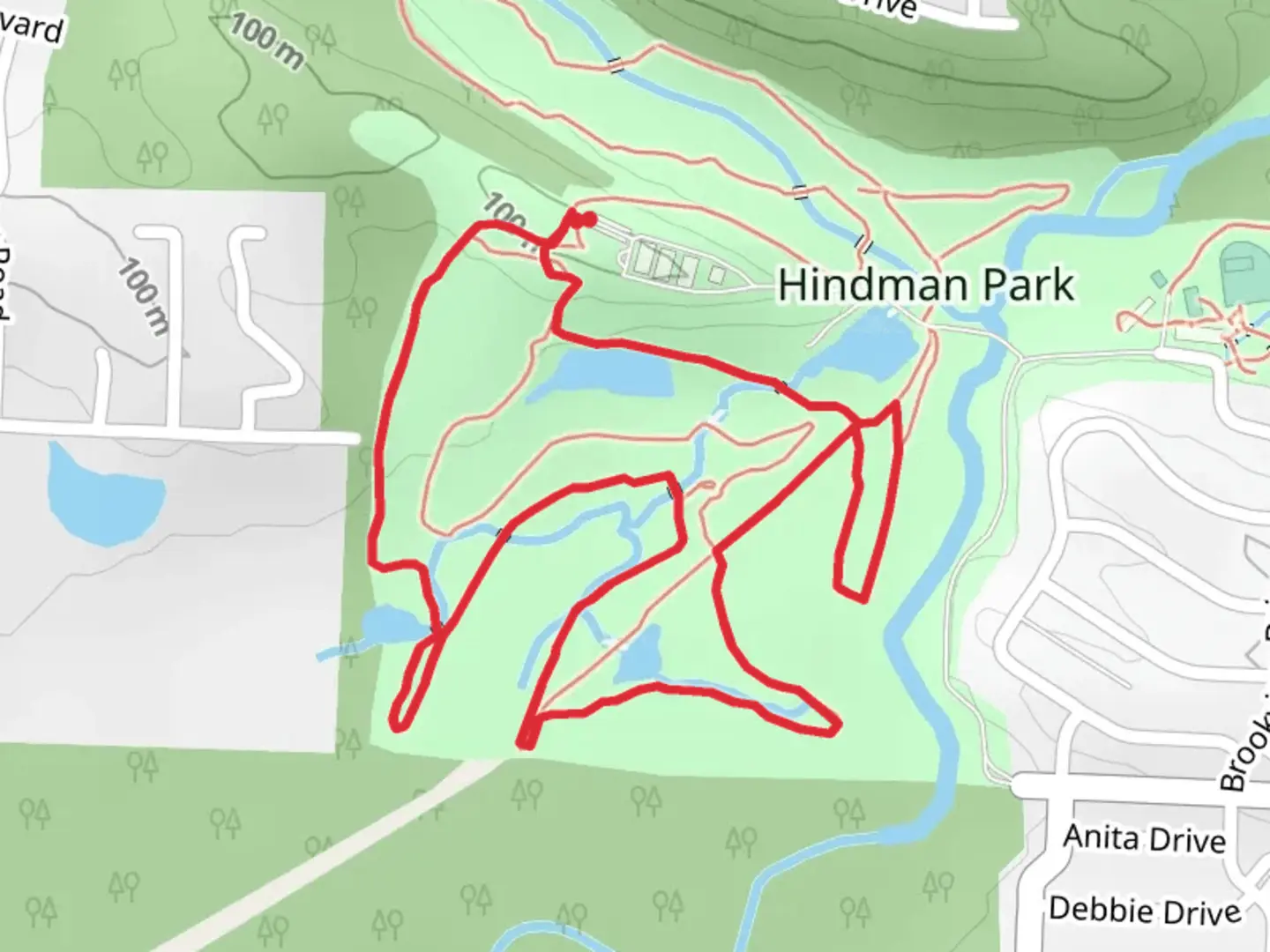 An image depicting the trail Brodie Creek Park Loop - Hindman Park and its surrounding area.