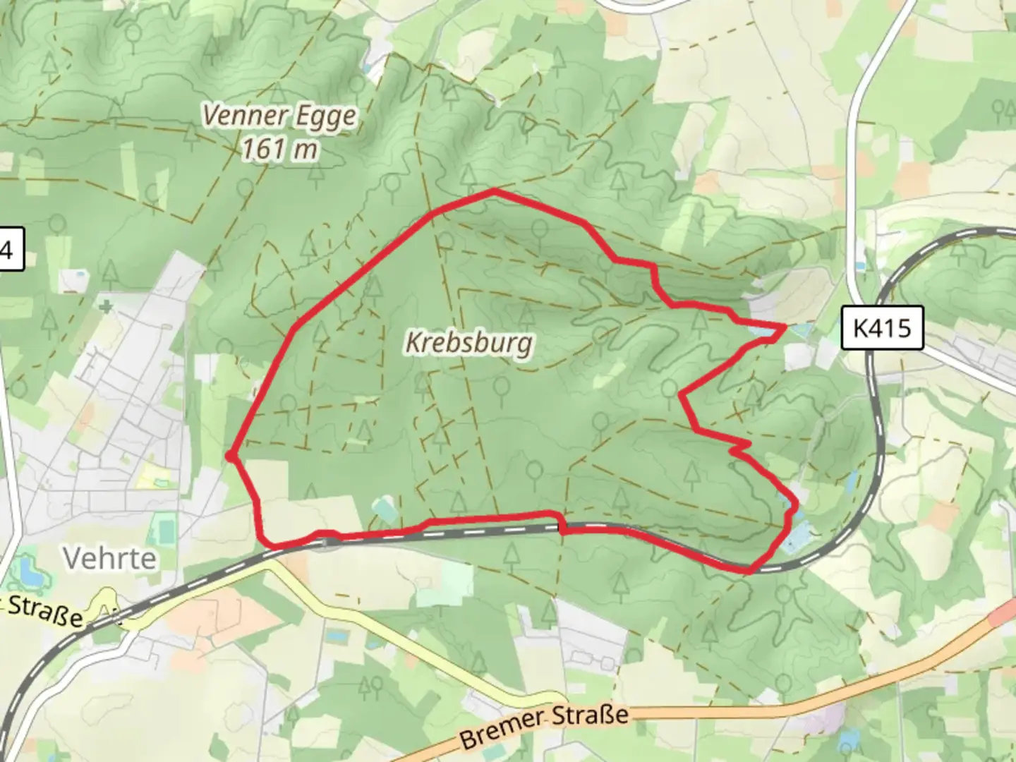 An image depicting the trail Krebsburger Wald and Wittekindsweg and its surrounding area.