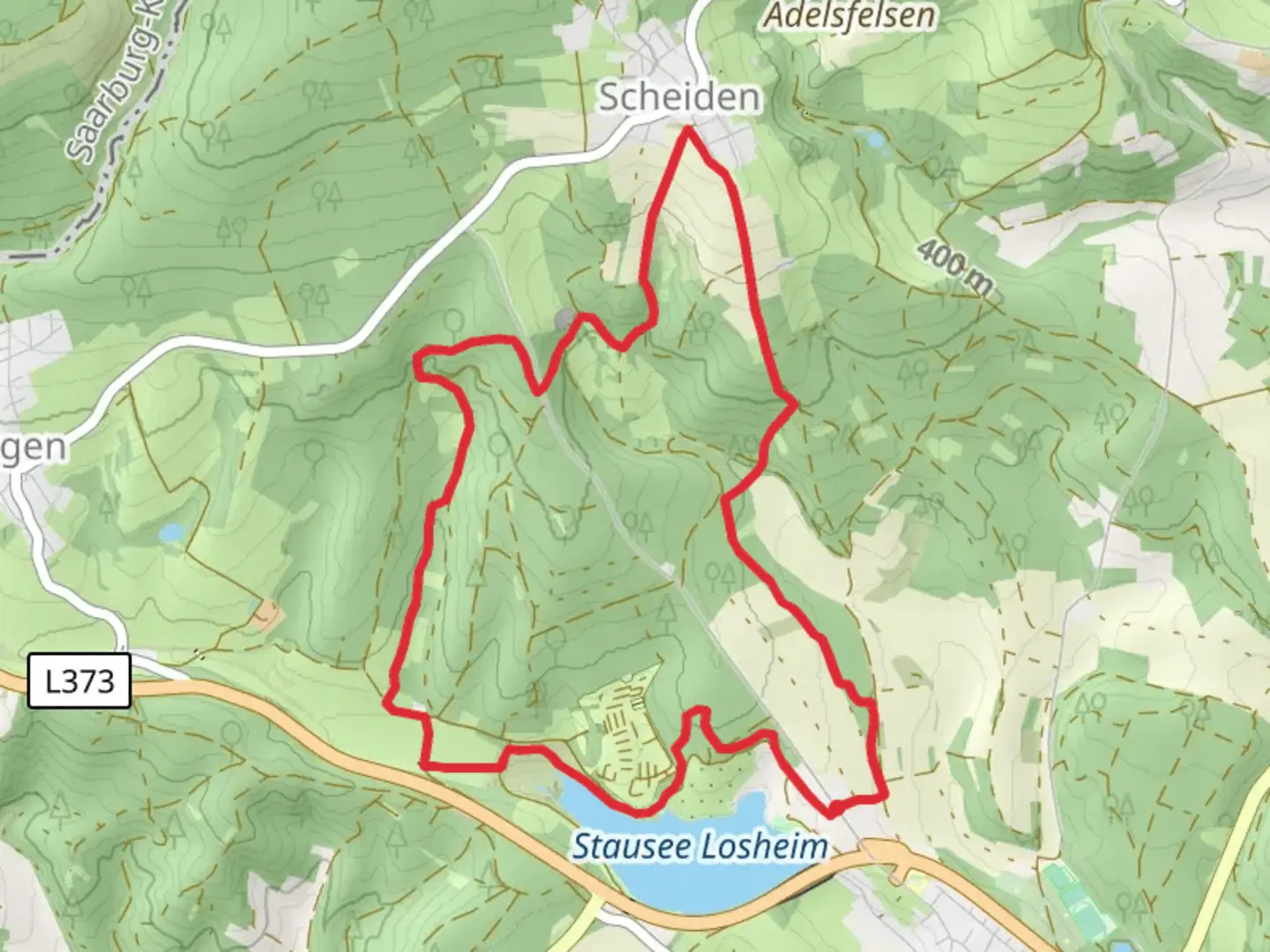 An image depicting the trail Stausee Losheim, Hirlochshecke and Aussichtspunkt Birkenhain Loop and its surrounding area.