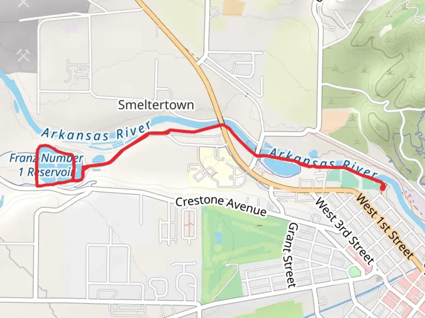An image depicting the trail Salida River Trail and Franz Lake and its surrounding area.