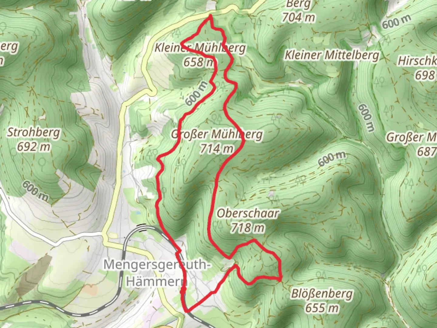 An image depicting the trail Kleiner Muehlberg via Schaumberger Land and its surrounding area.