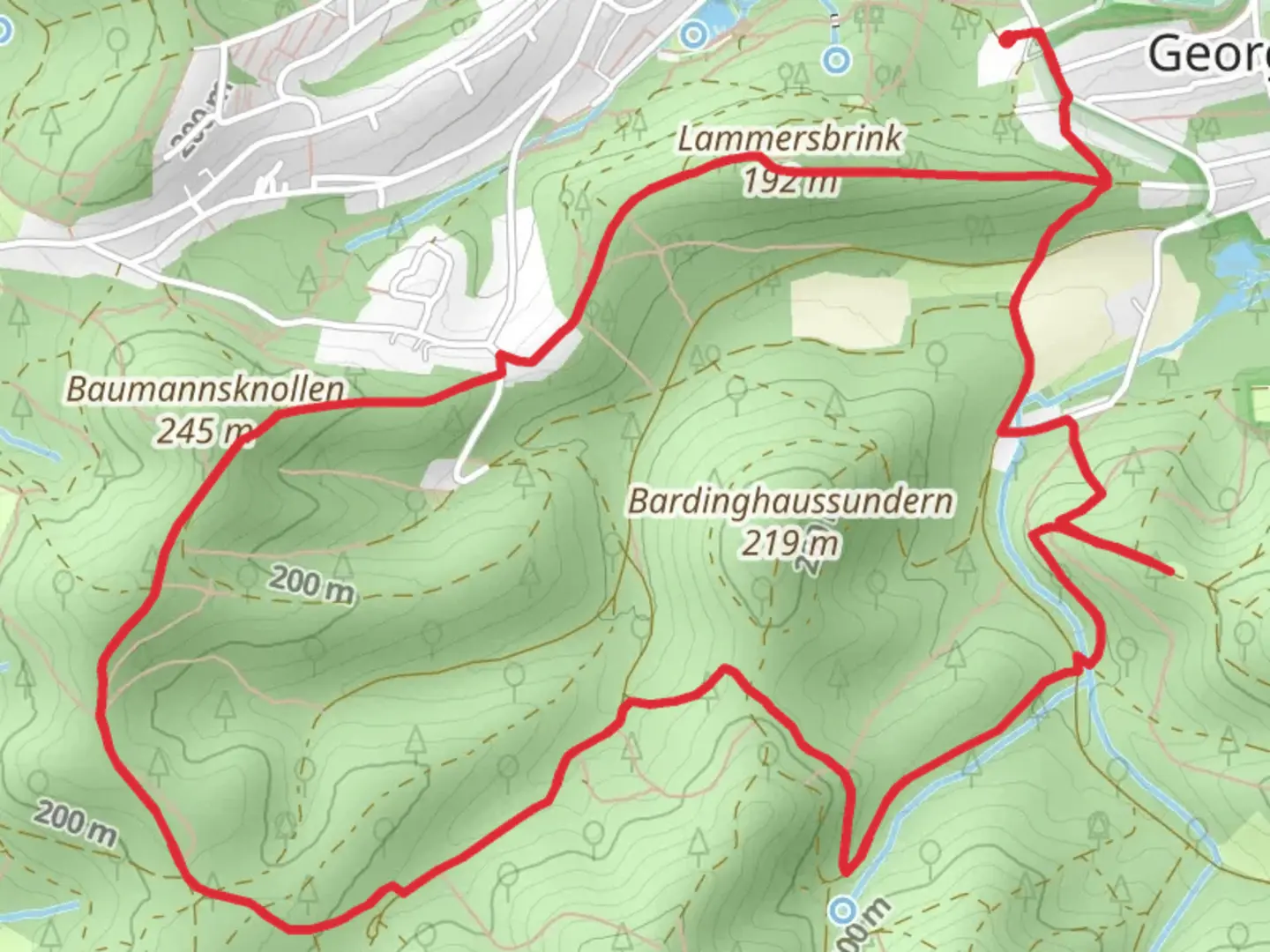 An image depicting the trail Oeseder Bach and Ahornweg Kleine Schleife and its surrounding area.