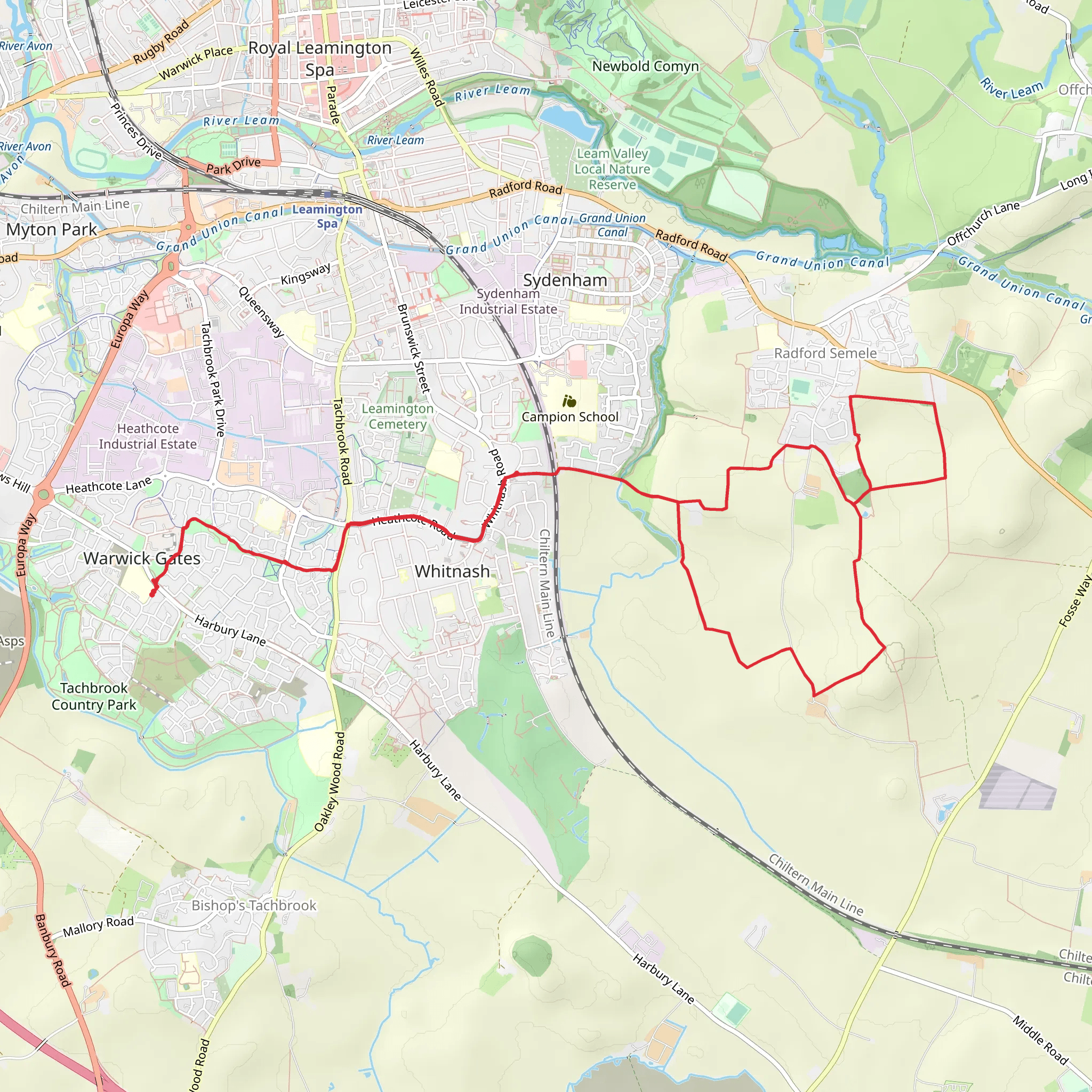 Crown Hill and Radford Semele Country Park from Heathcote mobile static map