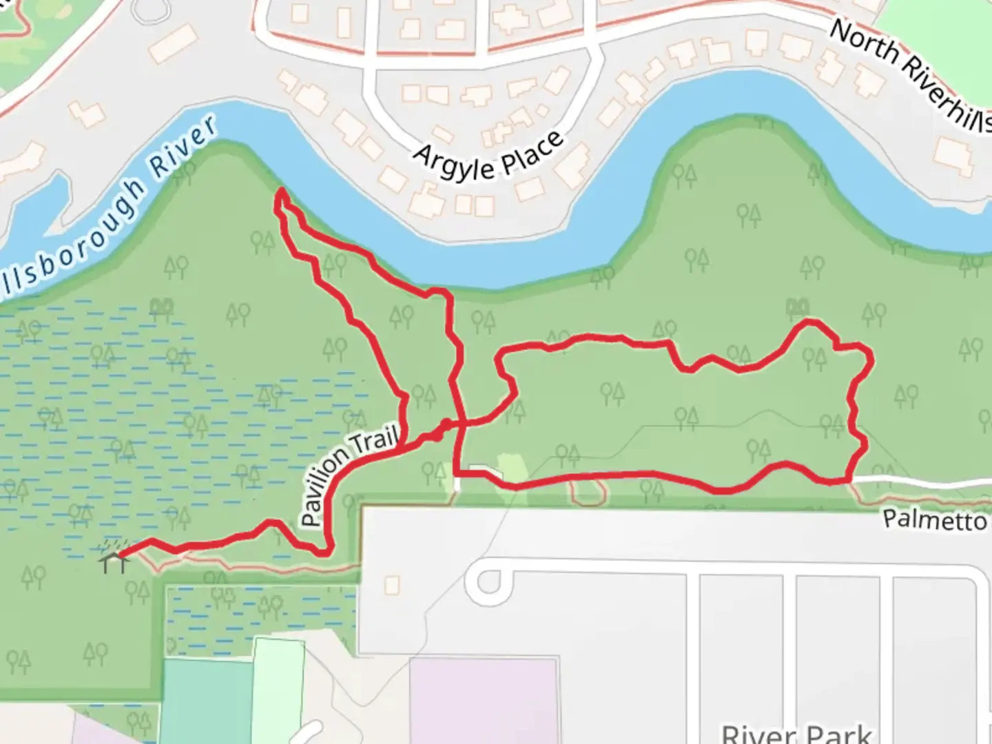 An image depicting the trail Pavilion Trail and Palmetto Trail in Riverfront Park and its surrounding area.