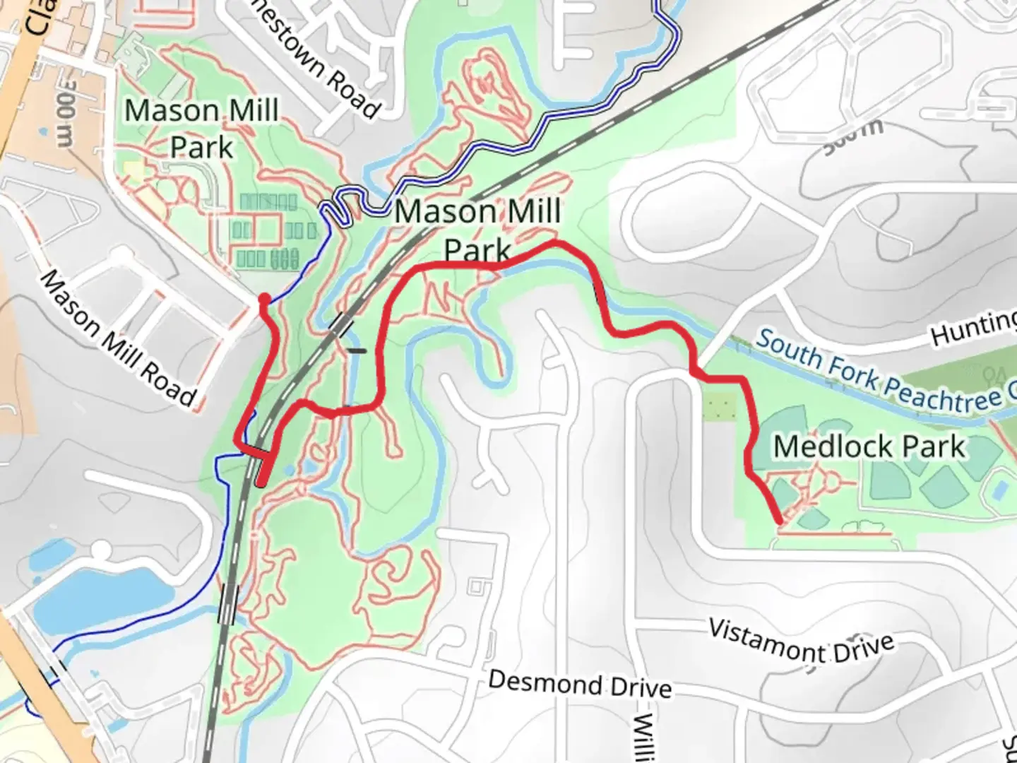 An image depicting the trail South Peachtree Creek Path Trail and its surrounding area.