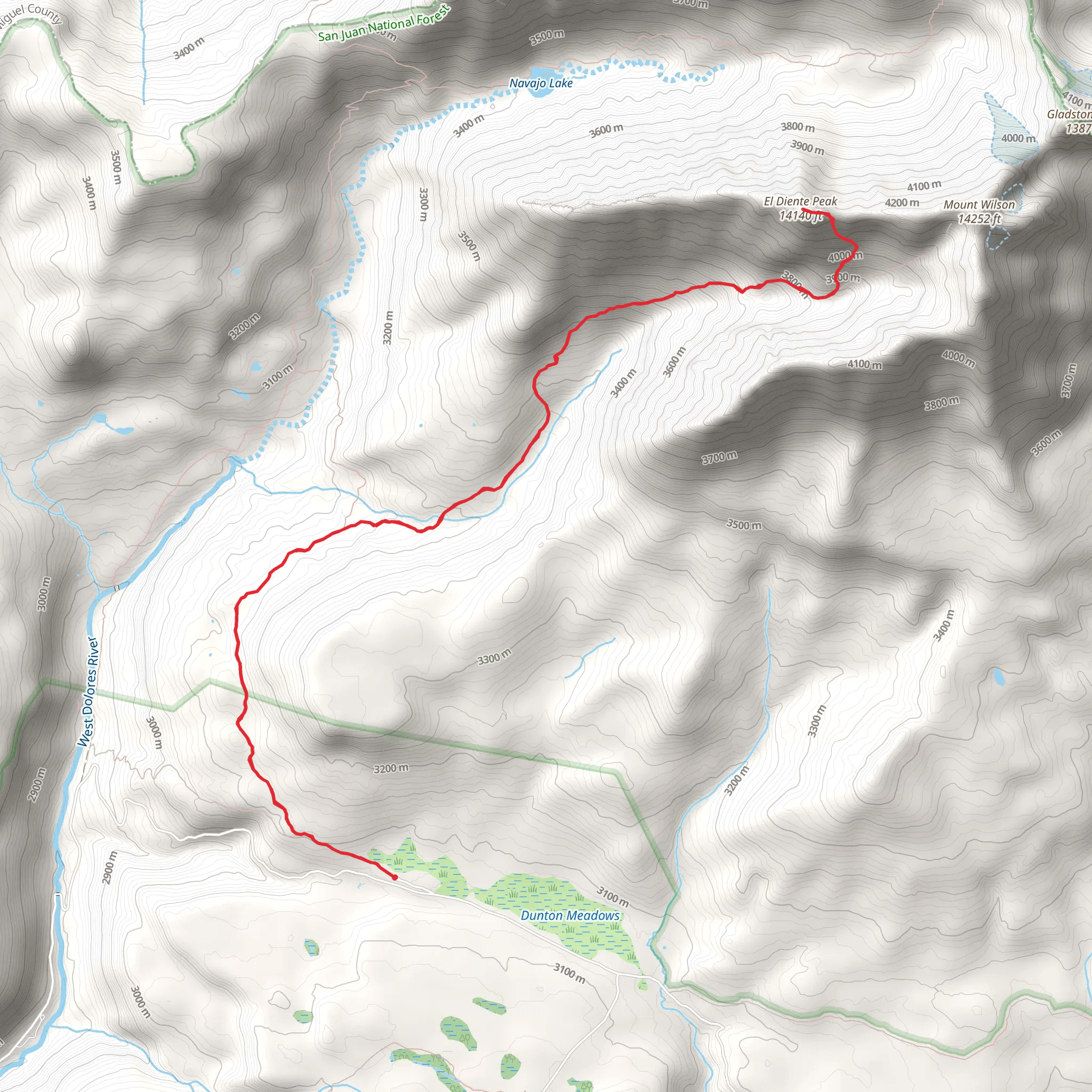 El Diente Peak via Kilpacker Basin Trail mobile static map