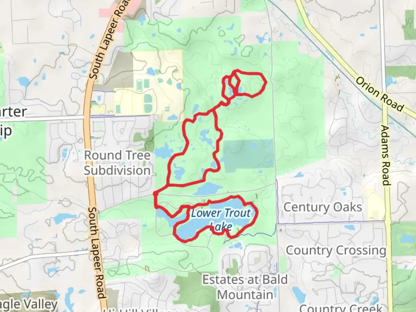 An image depicting the trail Lower Trout Lake and Bald Mountain South Unit Trails and its surrounding area.
