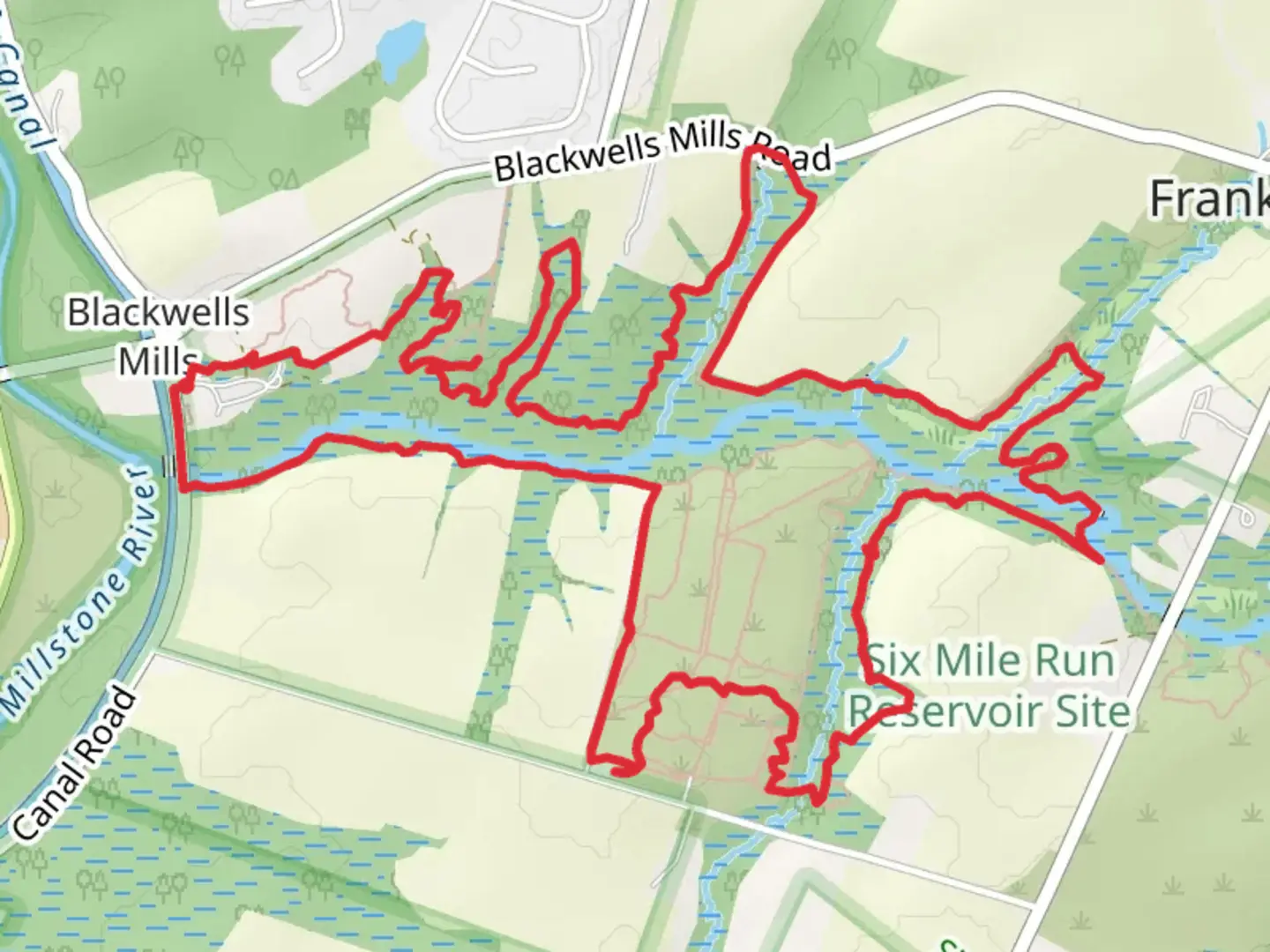 An image depicting the trail Six Mile Run Loop - Blue Trail and its surrounding area.