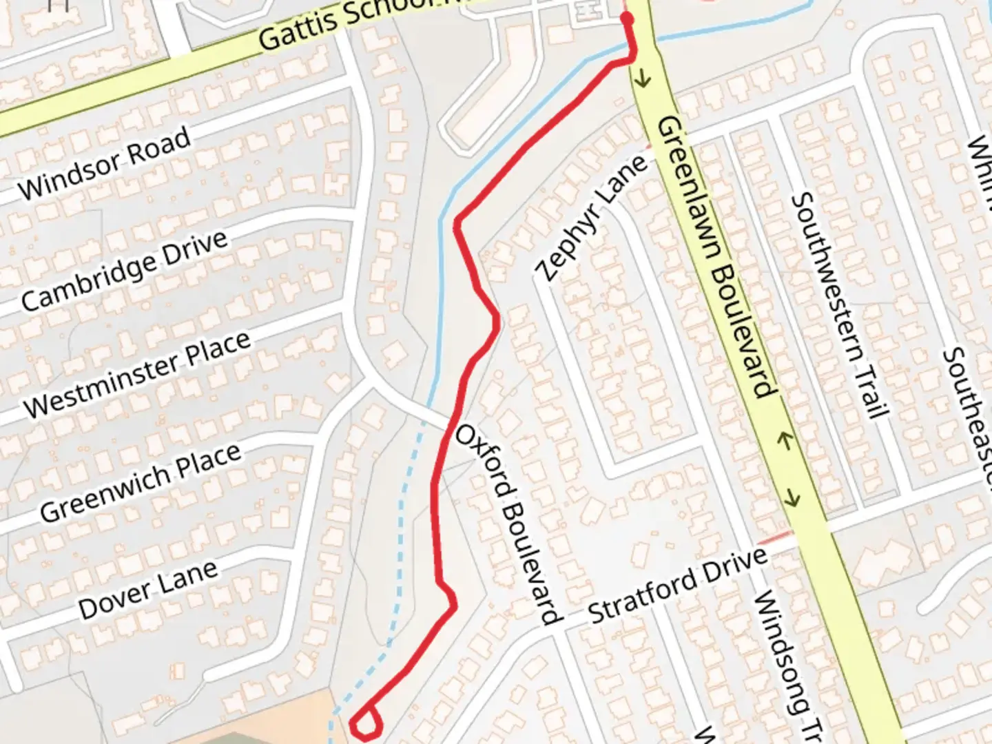 An image depicting the trail Greenlawn Boulevard Out and Back and its surrounding area.