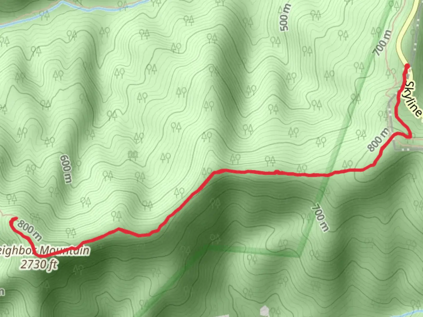 An image depicting the trail Neighbor Mountain Trail from Skyline Road and its surrounding area.