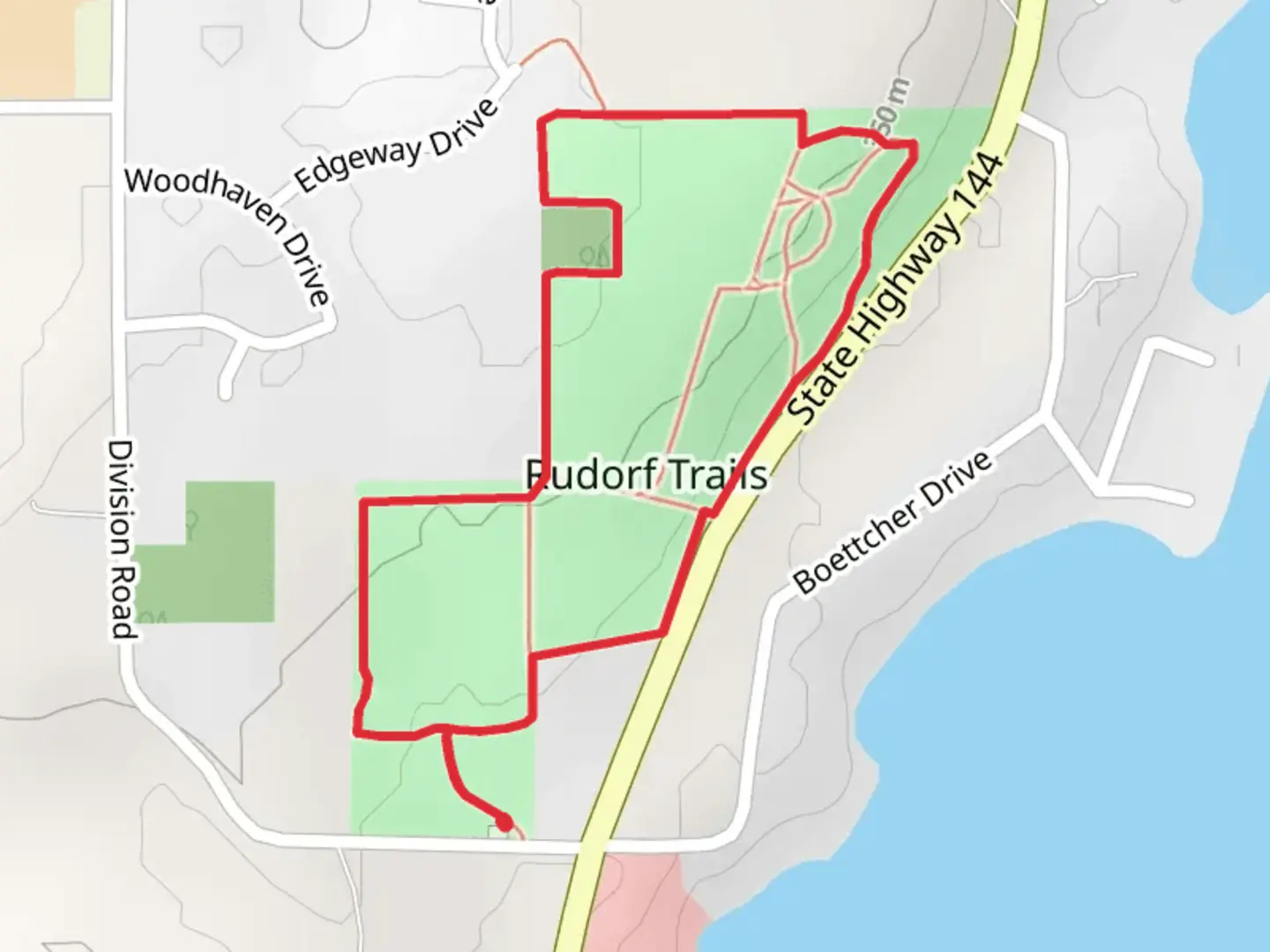 An image depicting the trail Rudorf Trails Loop and its surrounding area.