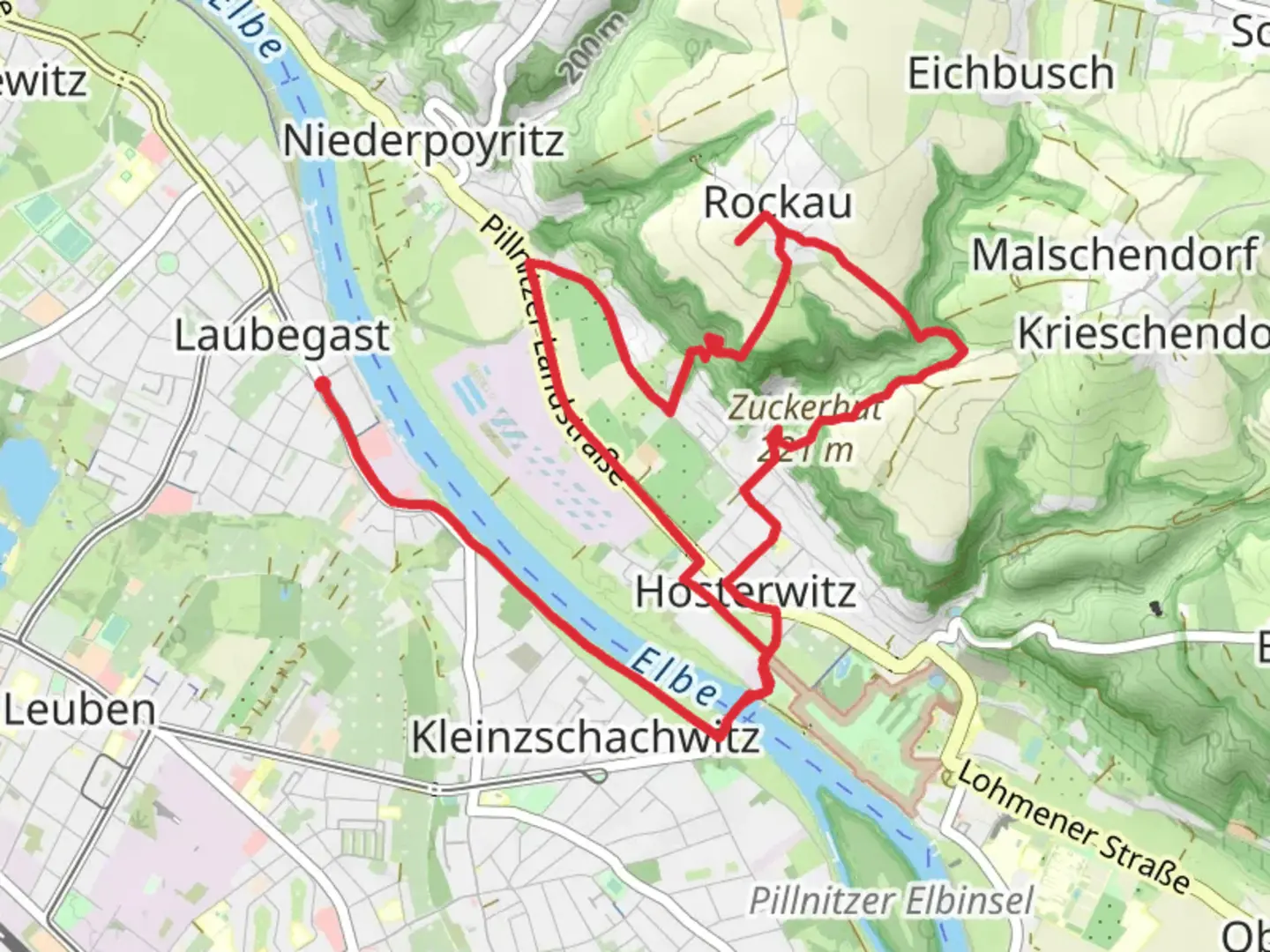 An image depicting the trail Hosterwitzer Friedhof, Geisingbergblick, Rockauer Aussicht and Zuckerhut Loop and its surrounding area.