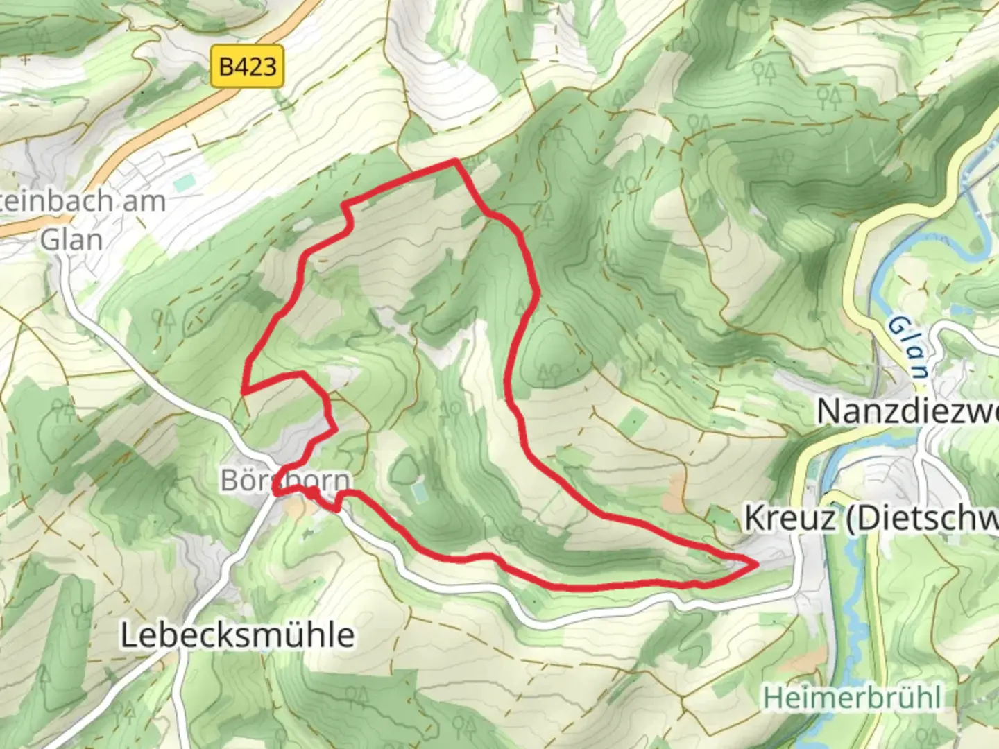 An image depicting the trail Börsborn Loop and its surrounding area.