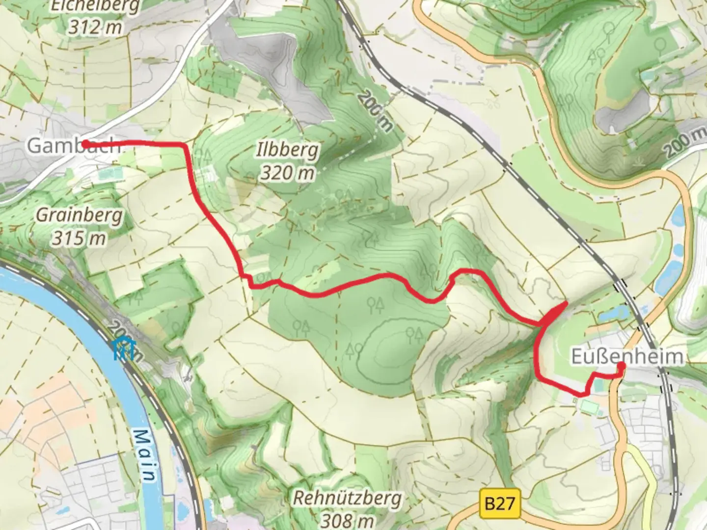 An image depicting the trail Gambach to Eussenheim via Riedweg and its surrounding area.