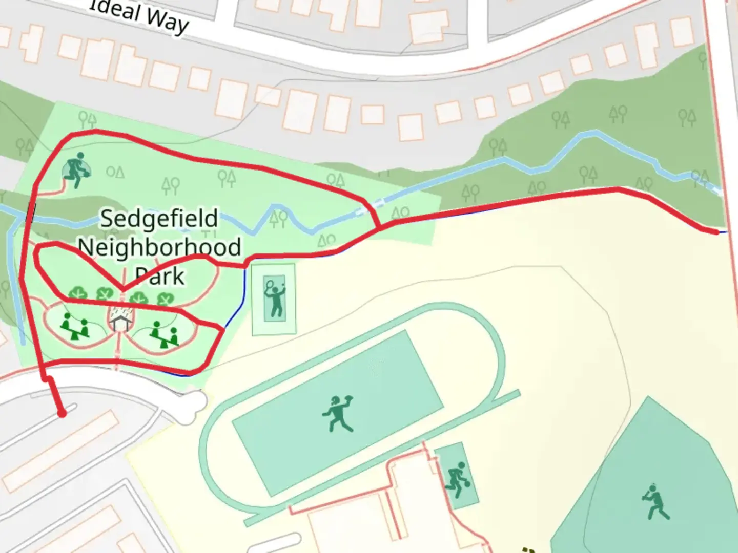 An image depicting the trail Sedgefield Neighborhood Park Loop and its surrounding area.