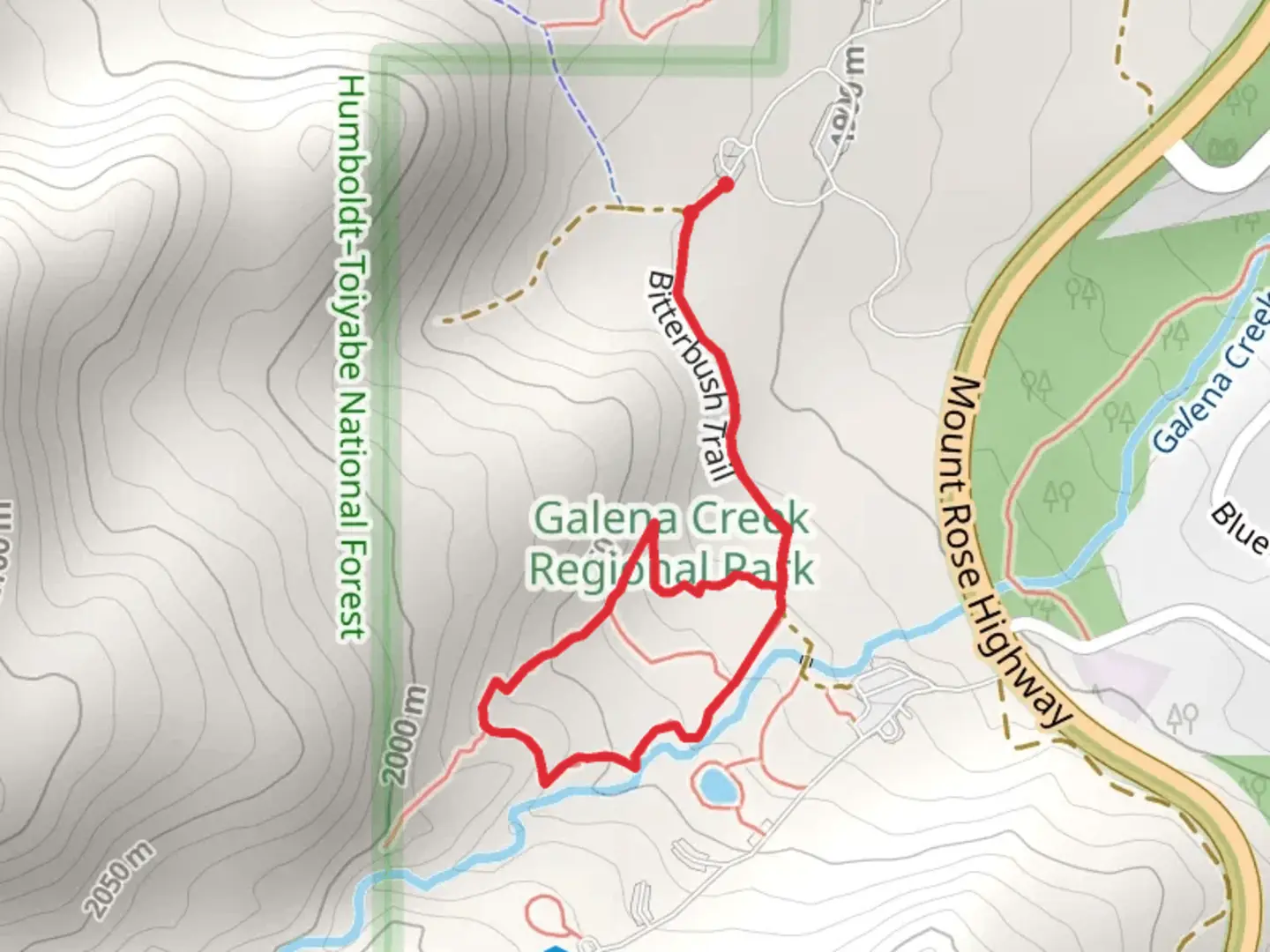 An image depicting the trail Bitterbush Trail and Galena Trail and its surrounding area.