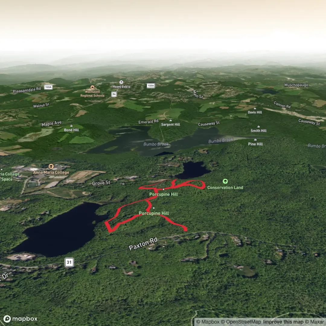 An image depicting the trail Porcupine Hill from Paxton Road and its surrounding area.