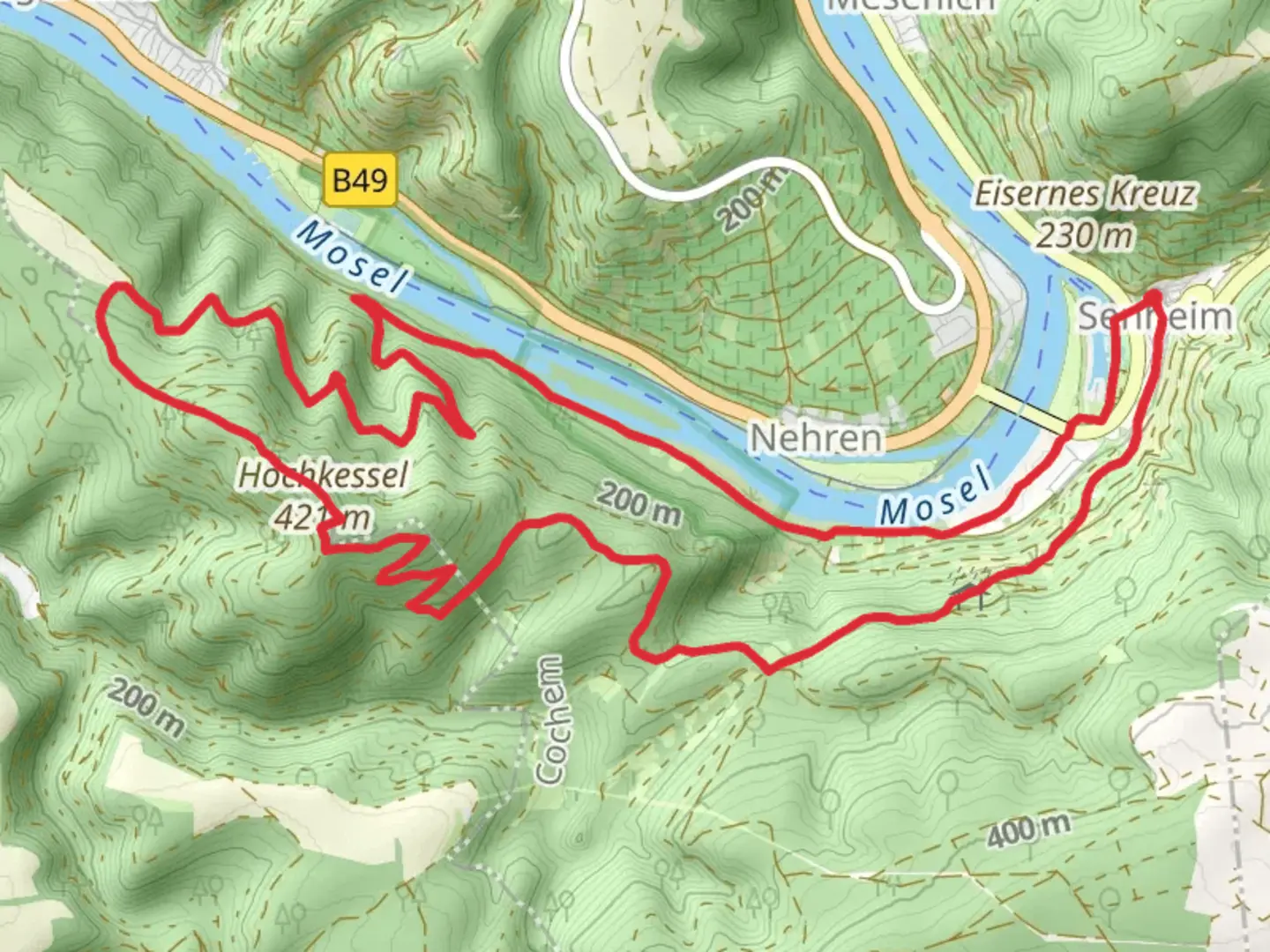 An image depicting the trail Einsiedelei and Hochkessel Loop and its surrounding area.