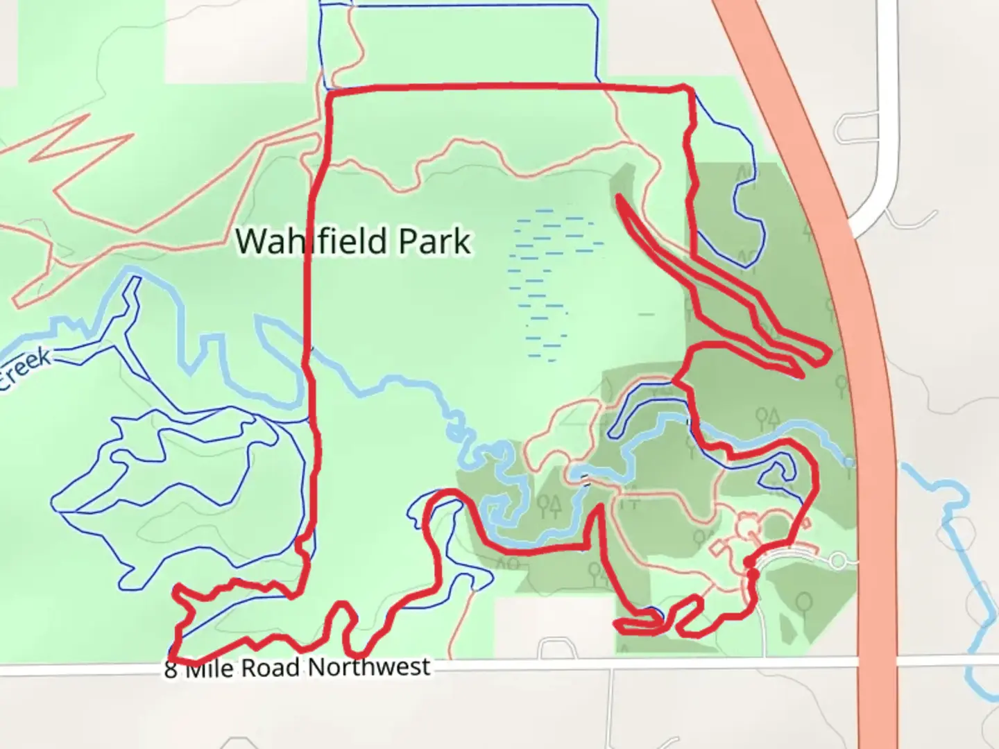 An image depicting the trail Wahlfield Park Loop and its surrounding area.