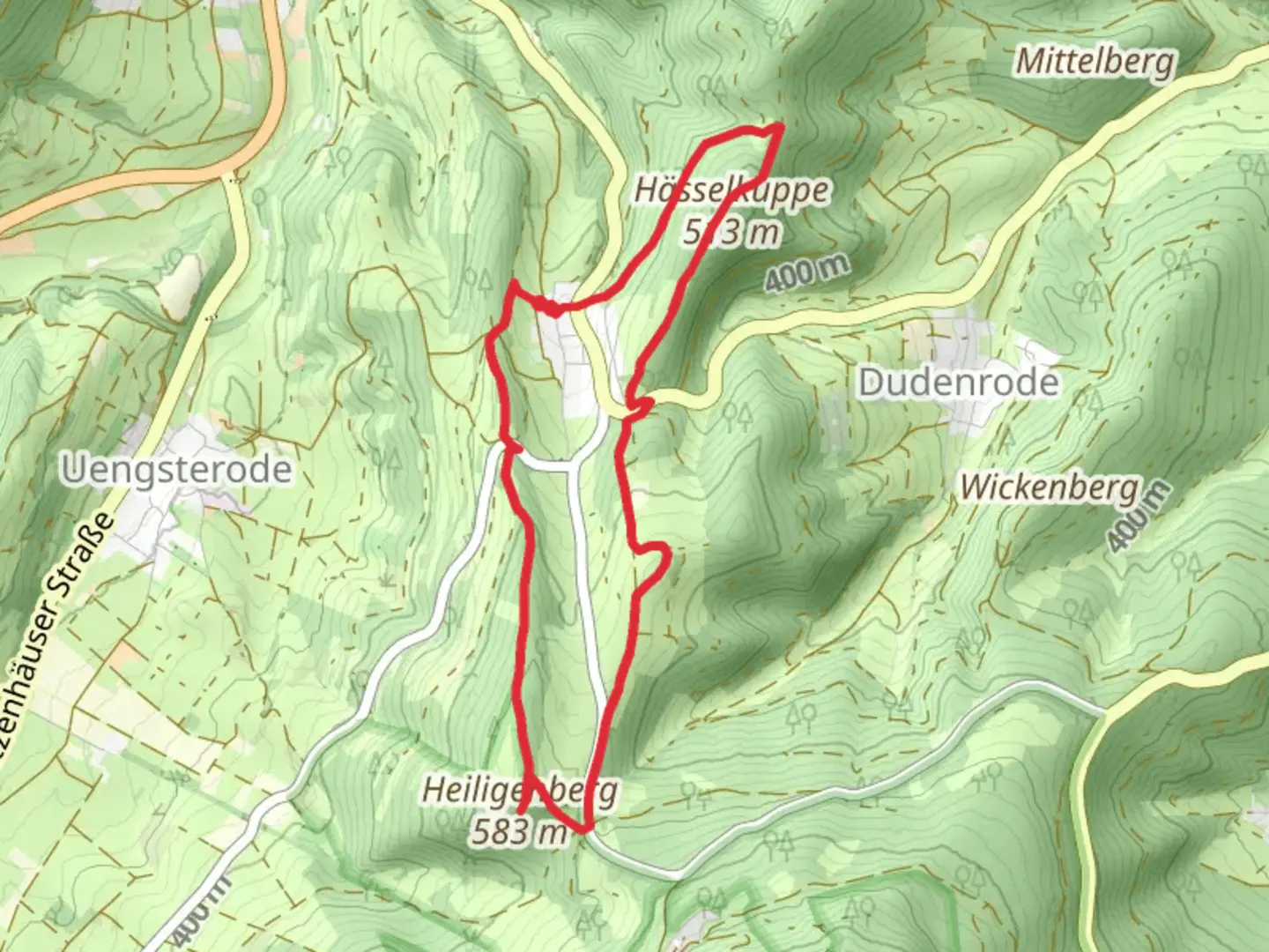 An image depicting the trail Aussuchtspunkt Heilgenbern and Haesselkuppe via Rundweg Heiligenberg and Frau Holle Pfad and its surrounding area.