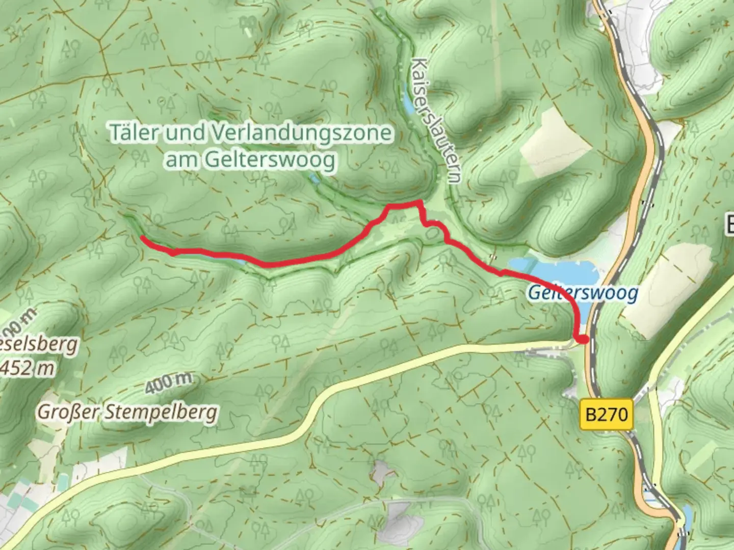 An image depicting the trail Täler und Verlandungszone am Gelterswoog and its surrounding area.