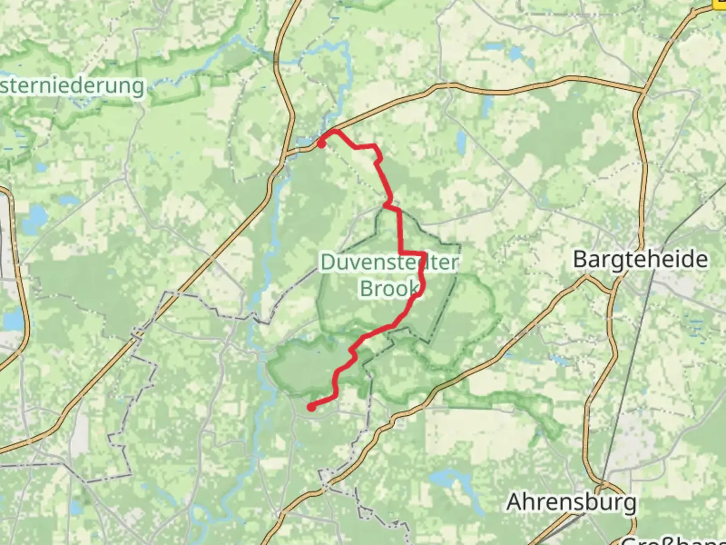 An image depicting the trail Ehlersberg to Ohlstedt via Ohlstedt - Kayhude and its surrounding area.