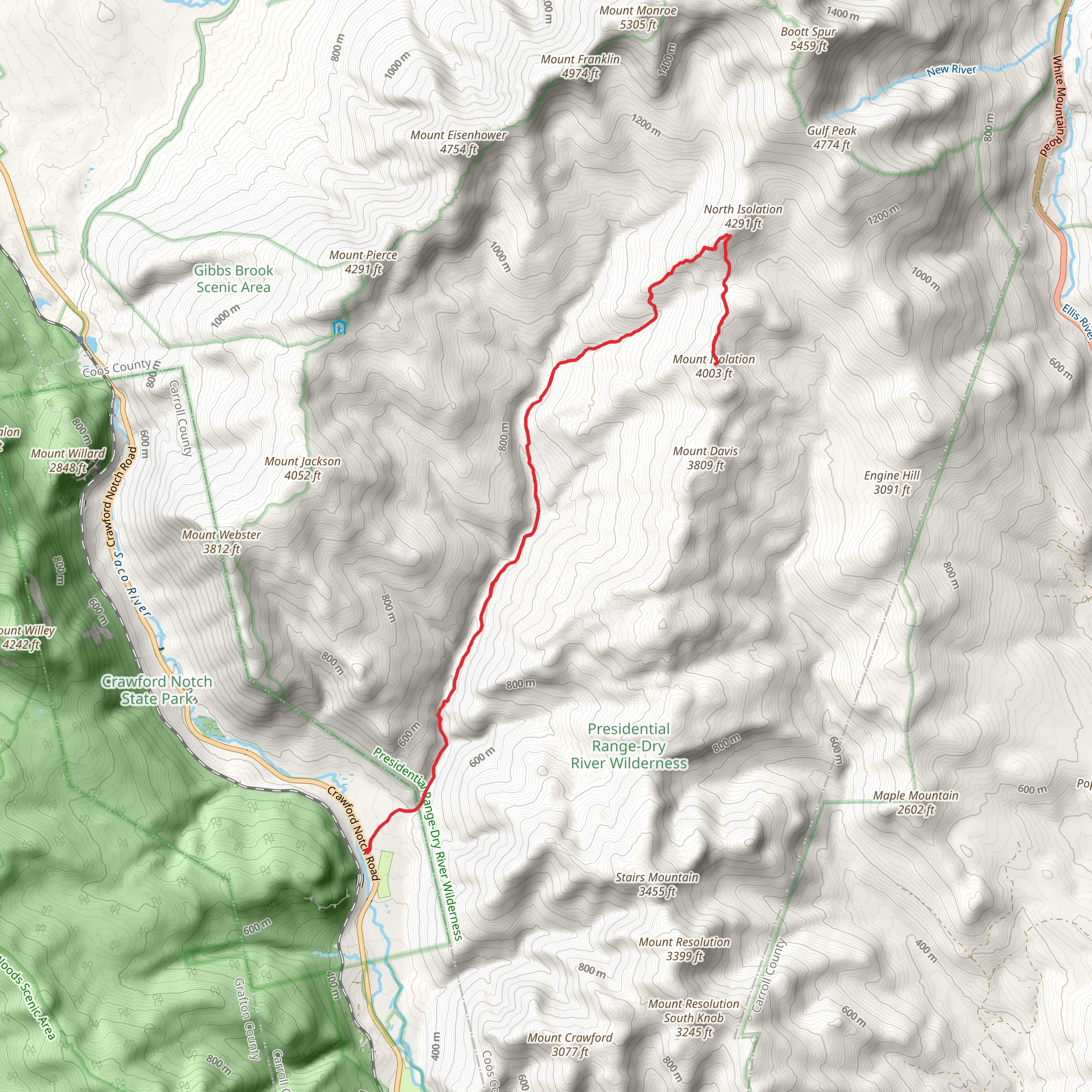 Mount Isolation via Dry River Trail mobile static map