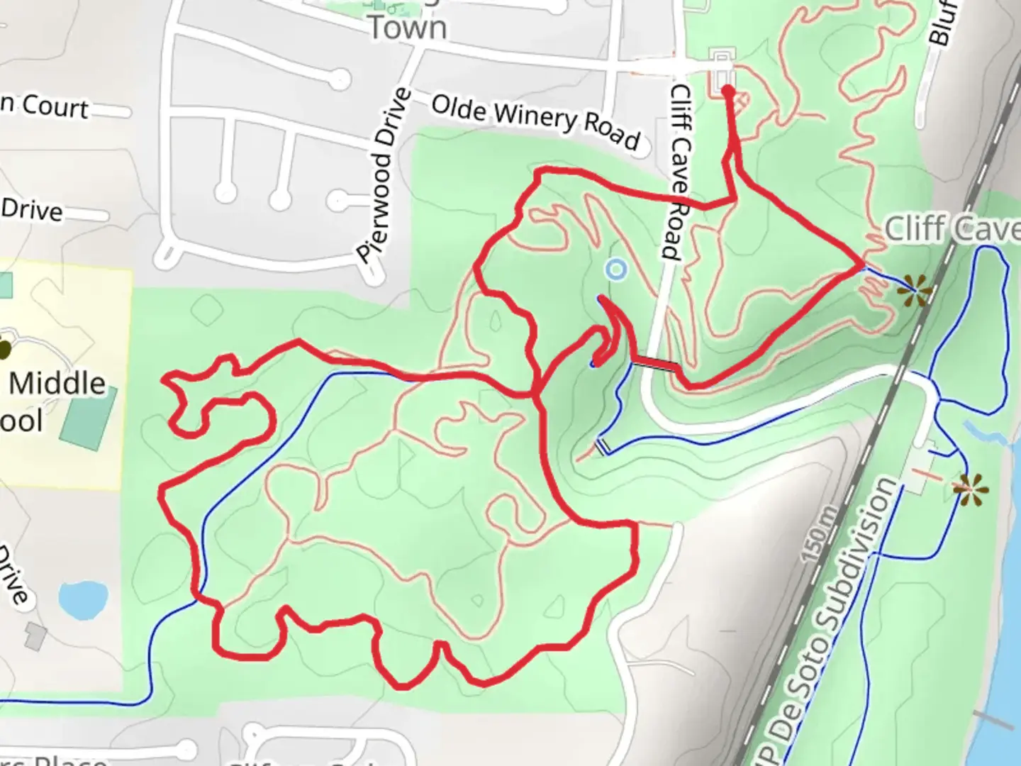 An image depicting the trail Loop around Cliff Cave Road and its surrounding area.
